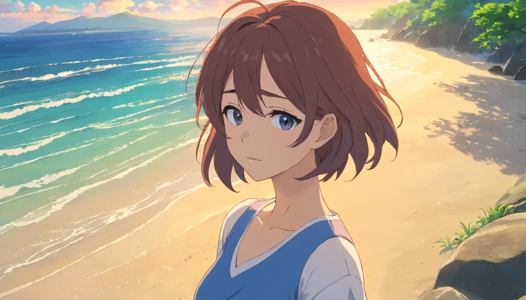 Japanese, middle-aged women, beautiful woman, 30 years old, wavy hair, big t-shirt, beach, dark makeup, wrinkles around the eyes, bewitching look, wet hair, anime movie screenshots, 新海誠風のanime movie screenshots, lofi color