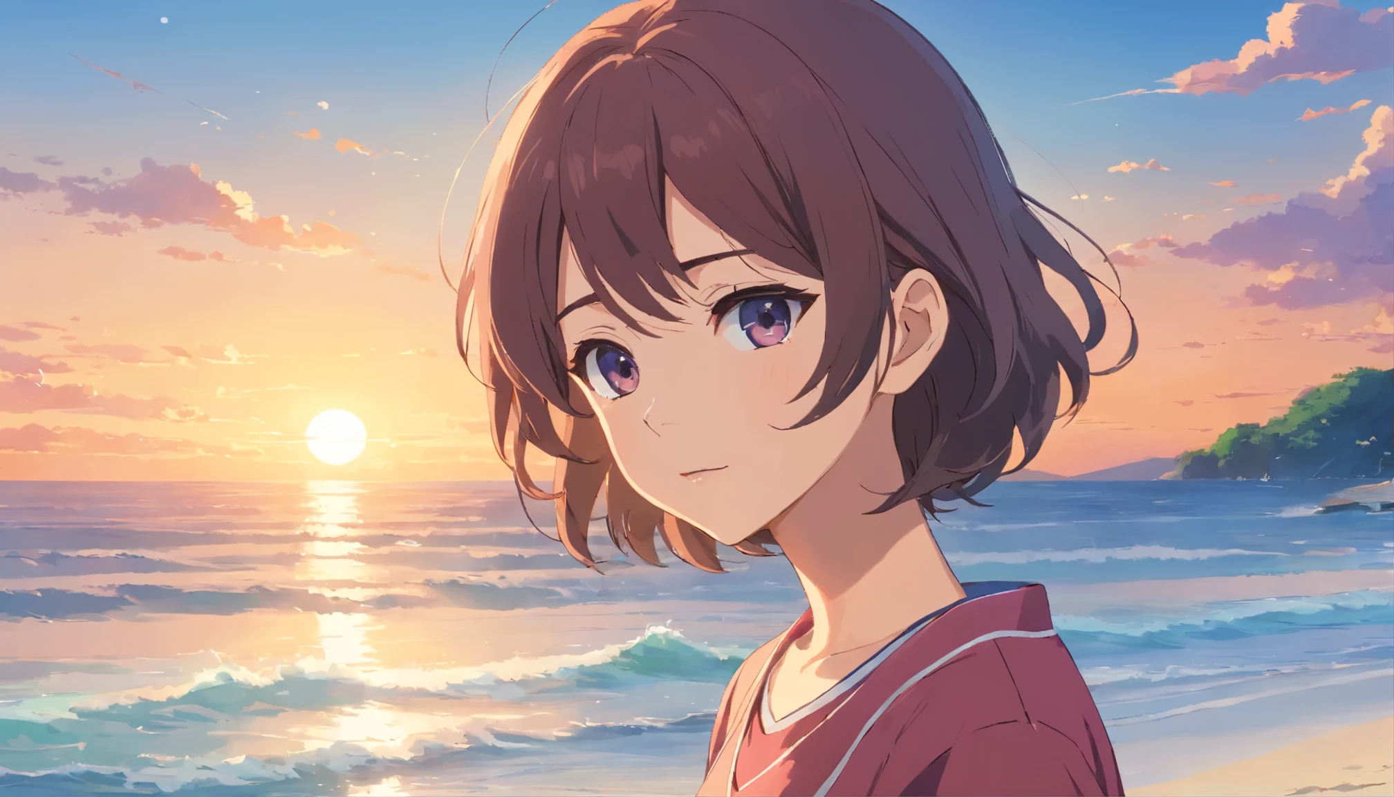 Japanese, middle-aged women, beautiful woman, 30 years old, wavy hair, big t-shirt, beach, dark makeup, wrinkles around the eyes, bewitching look, wet hair, anime movie screenshots, 新海誠風のanime movie screenshots, lofi color