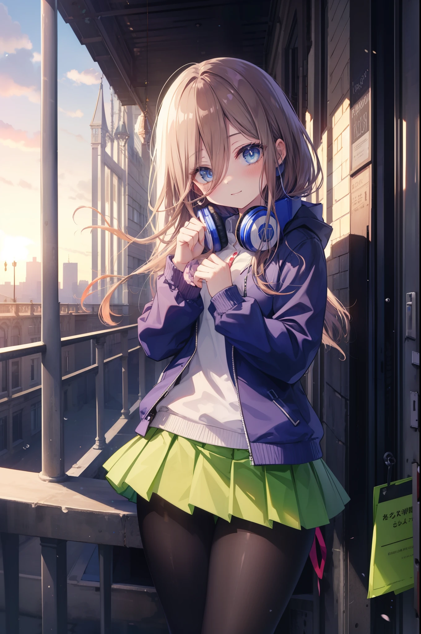 miku nakano, Nakano Miku Ticket III, long hair, bangs, blue eyes, brown hair, hair between eyes, blush,smile,Headphones around the neck1:1,blue hoodie,wearing a hood,Green pleated skirt,gray pantyhose,short boots,I put my hand in my hoodie pocket.,sunrise,morning,morning日,blow bubble gum, ピンクの風船ガム
break outdoors, city,building street,
break looking at viewer, (cowboy shot:1.5),
break (masterpiece:1.2), highest quality, High resolution, unity 8k wallpaper, (shape:0.8), (fine and beautiful eyes:1.6), highly detailed face, perfect lighting, Very detailed CG, (perfect hands, perfect anatomy),