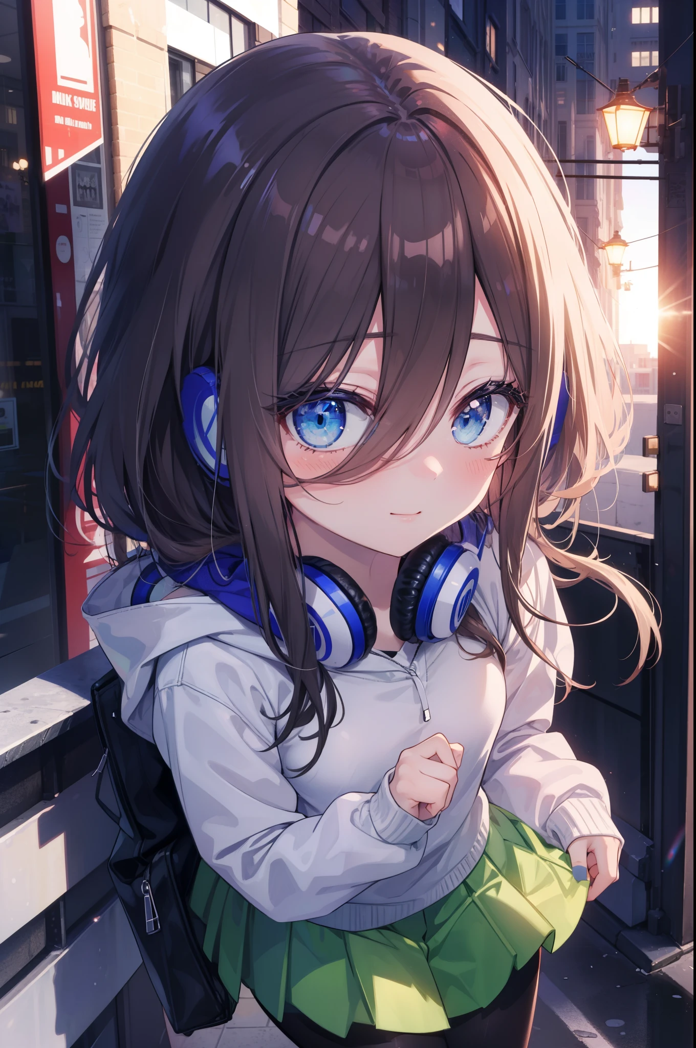 miku nakano, Nakano Miku Ticket III, long hair, bangs, blue eyes, brown hair, hair between eyes, blush,smile,Headphones around the neck1:1,blue hoodie,wearing a hood,Green pleated skirt,gray pantyhose,short boots,I put my hand in my hoodie pocket.,sunrise,morning,morning日,blow bubble gum, ピンクの風船ガム
break outdoors, city,building street,
break looking at viewer, (cowboy shot:1.5),
break (masterpiece:1.2), highest quality, High resolution, unity 8k wallpaper, (shape:0.8), (fine and beautiful eyes:1.6), highly detailed face, perfect lighting, Very detailed CG, (perfect hands, perfect anatomy),