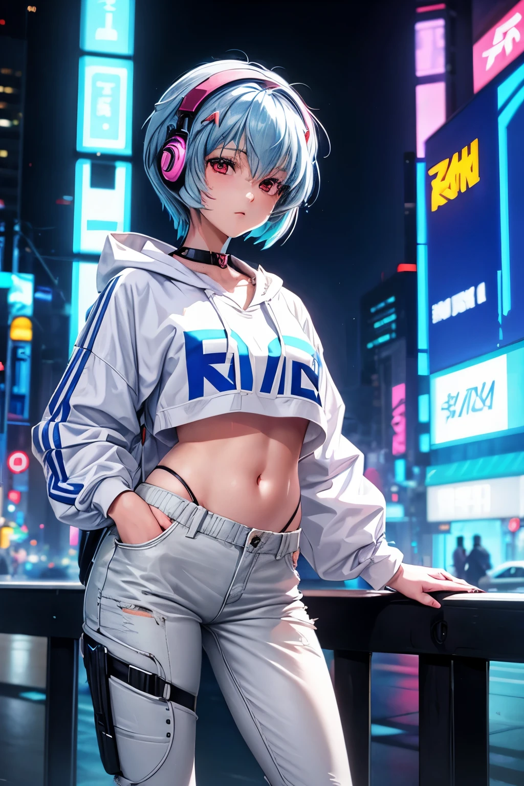 a girl that looks like Rei Ayanami with straight medium hair, wearing streetwear baggie pants and headphones, passion blue color hoodie, on the chest says 'Future Funk', amidst a vibrant futuristic cityscape illuminated by neon lights.