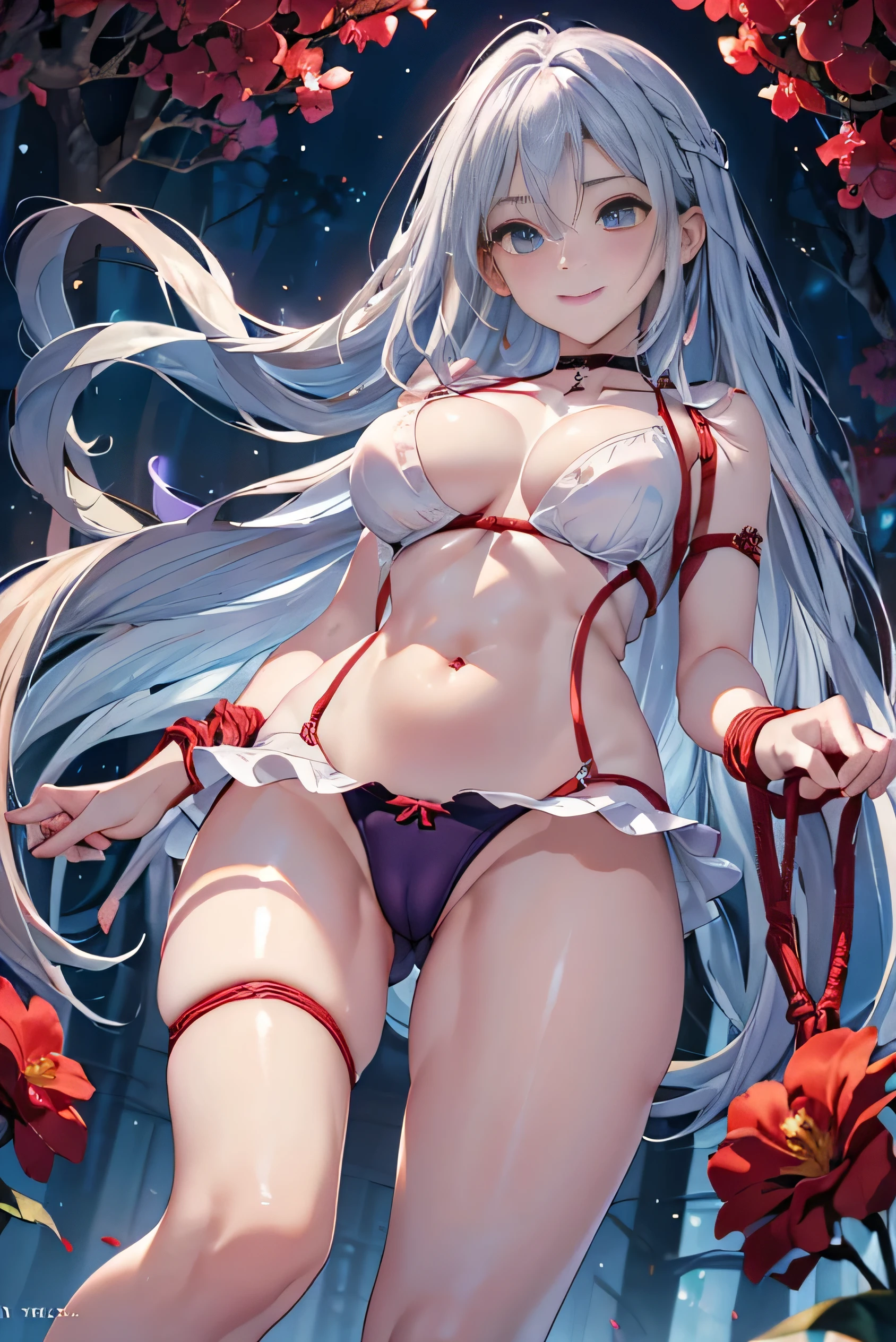 (photorealistic:1.8, highest quality:1.8,8K masterpiece:1.8,High resolution,muste piece:1.8,RAW Photos,cinematic lighting,red and purple dream colors),one goddess、(Completely naked、choker、stockings、loafer shoes),(beautiful detailed blue eyes:1.7,double eyelid:1.6,Beautiful skin with glowing details:1.2,small face、whole body), 
(from below:1.5,Looking at Viewer:1.5),( midium Hair:1.2、Beautiful shining blue and white hair:1.5), expression(Impish Smile:1.3,face turns red:1.3),(Moderate chest:1.3), Pause(Hentai rope bondage、(red rope)、binding:1.6、traces)、(arm back hand:1.4、breast bondage:1.5、shackles:1.5、leg bdsm:1.5、Crotch rope), background(Bright forest with blooming flowers),(detailed perfect face),anatomically correct,correct move:1.5,correct foot:1.5,4 fingers and 1 thumb in correct proportions,(cameltoe),No split screen,slender abs:1.2,(Young sensual gravure idol)