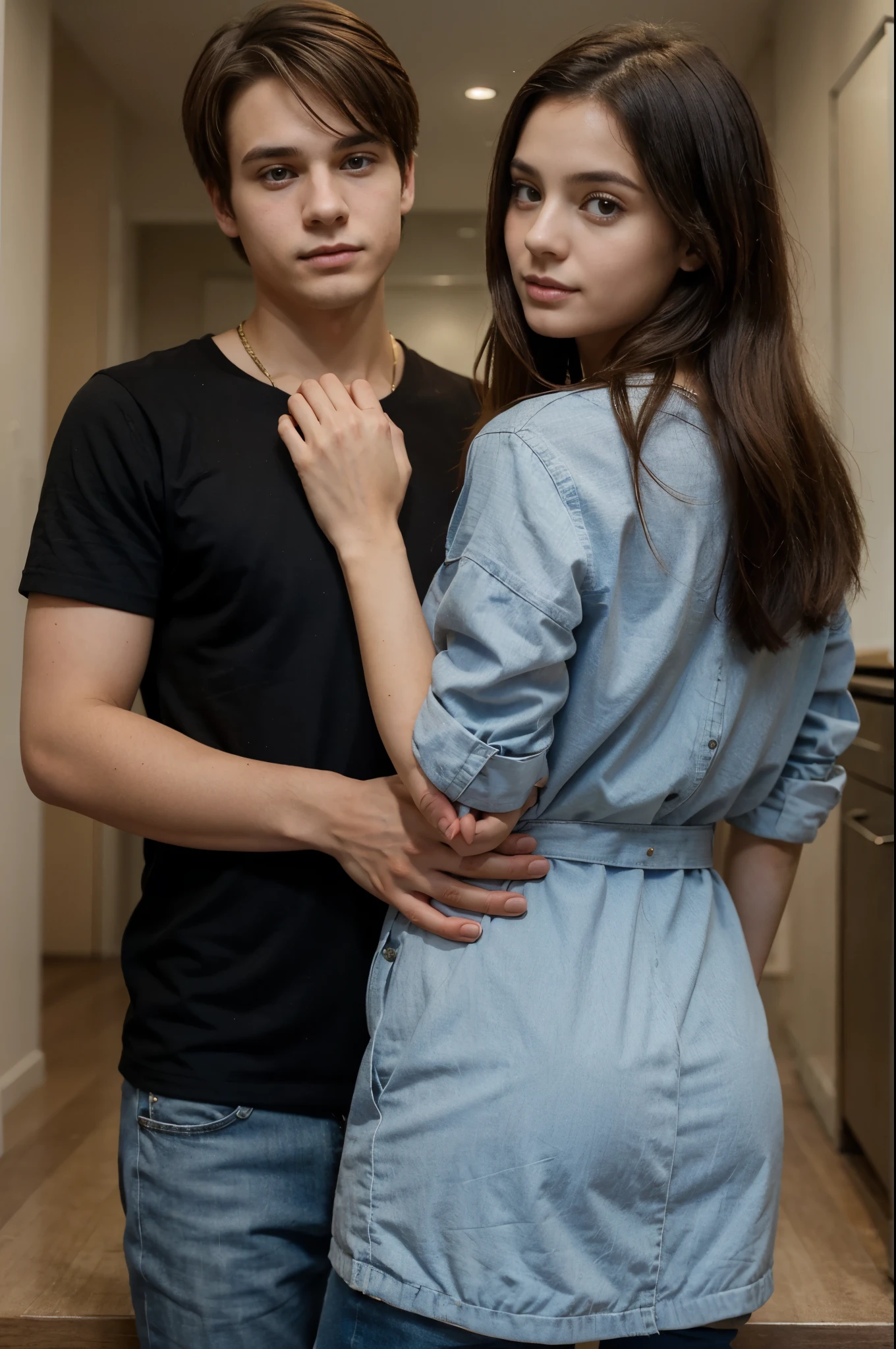 there are 2 person, one of girl one of boy, they are 25 yeras old, very beautiful girl, average boy, girl looking back, girl front of boy, boy staying straight, he holds her waist
