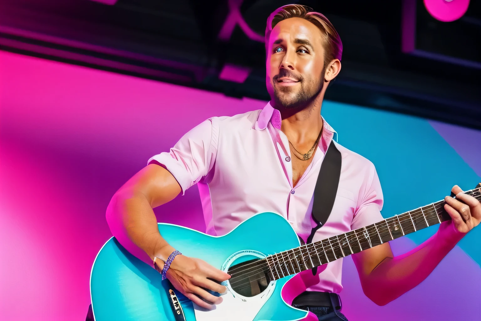 (realistic), (best quality), Ryan Gossling, photo of vibrant concert stage with Ryan Gossling, guitarist, with a bright pink electric guitar, background filled with a cheering crowd, stage lights and decorations use light blue, light pink, and white.
