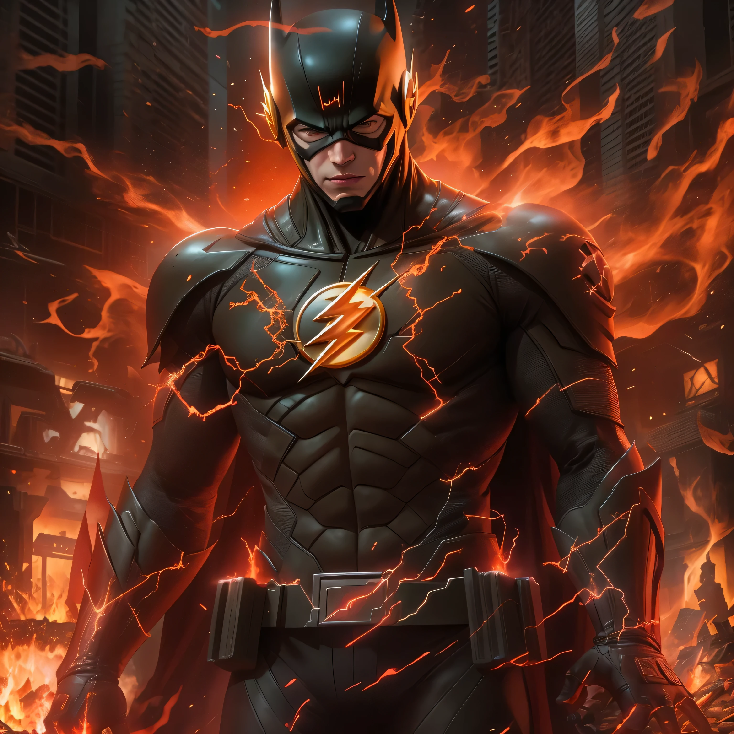 The Flash in dark knight costume in front of a fire, epic anime art, artgerm craig mullins, anime concept hdr anime macmanus, jin - roh, by Arthur Pan, antoine collignon, by Yang J, with bright red eyes, style of raymond swanland, artgerm and craig mullins, red son, dan mumford. 8k octane rendering
