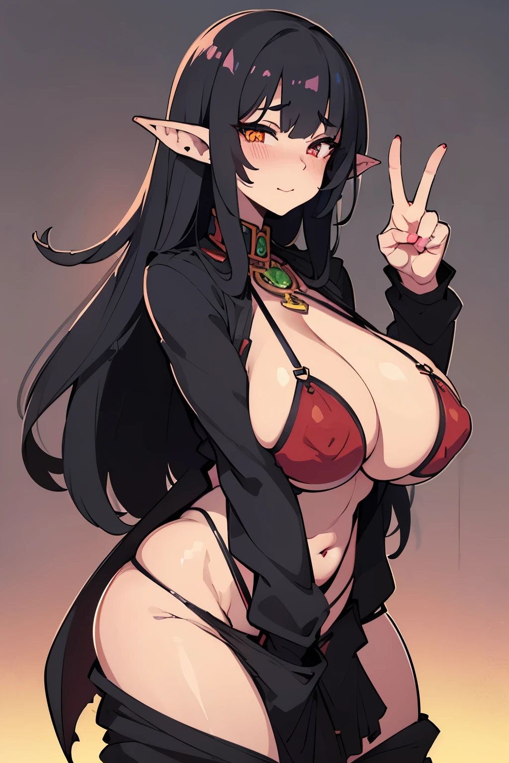 (Drawn by rapscallion:1.2), (goblin woman:1.3), (heavy breasts), (highest quality), (long black hair), (blushing:1.2), (detailed hand and finger:1.1), (peace sign:1.1), (skimpy street clothes:1.2), (detailed face and eyes:1.2), (huge breasts:1.1), (bimbo), (deep cleavage:1.1), (labia:1.2), (teat outline:1.2).