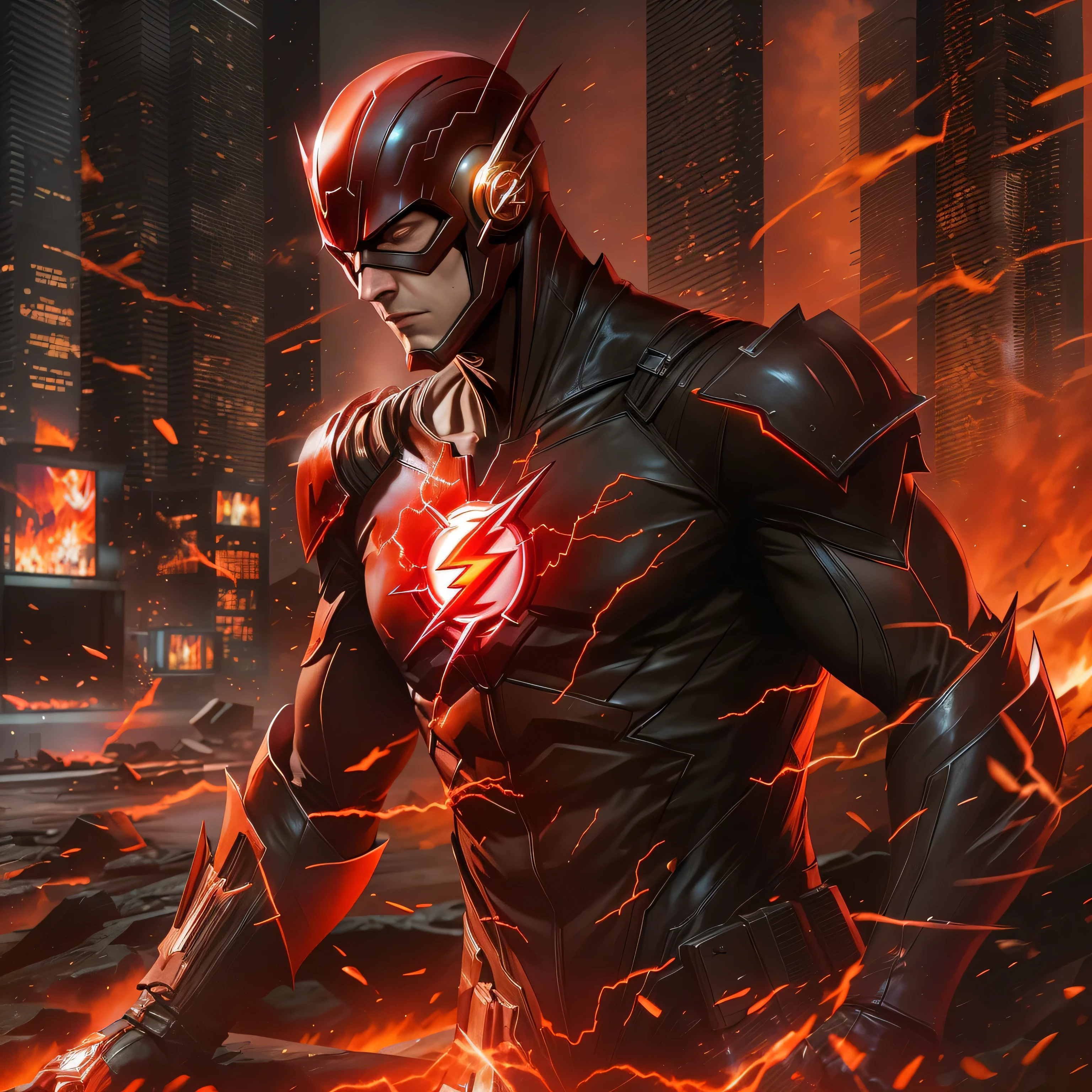 The Flash in dark knight costume in front of a fire, epic anime art, artgerm craig mullins, anime concept hdr anime macmanus, jin - roh, by Arthur Pan, antoine collignon, by Yang J, with bright red eyes, style of raymond swanland, artgerm and craig mullins, red son, dan mumford. 8k octane rendering