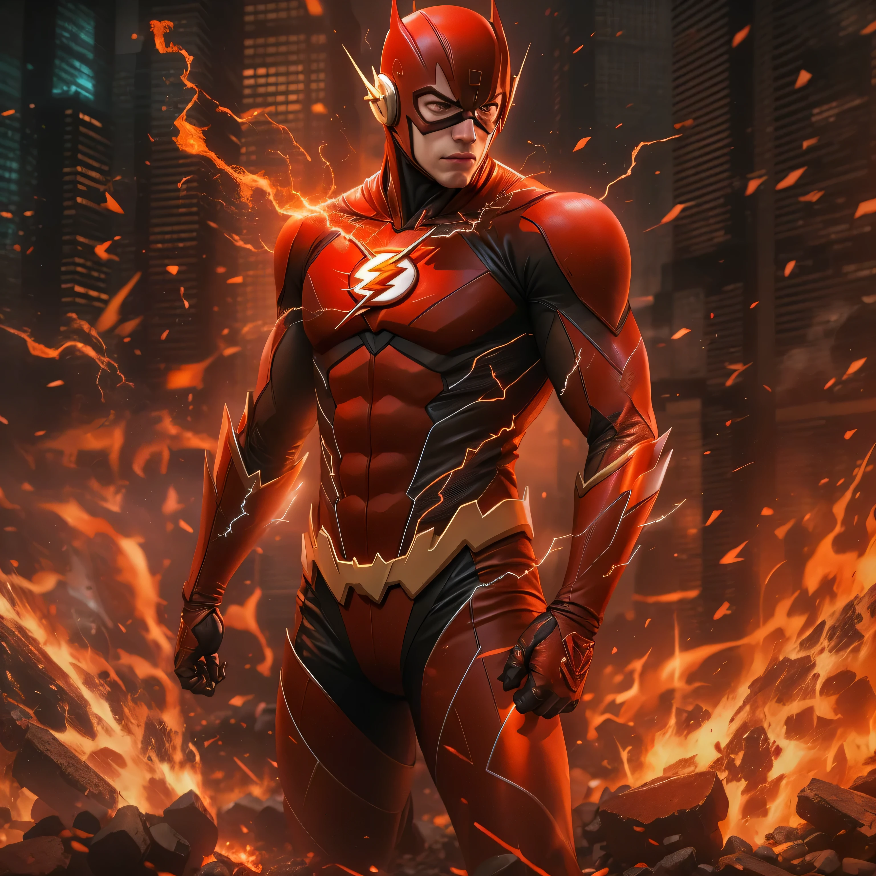 The Flash in dark knight costume in front of a fire, epic anime art, artgerm craig mullins, anime concept hdr anime macmanus, jin - roh, by Arthur Pan, antoine collignon, by Yang J, with bright red eyes, style of raymond swanland, artgerm and craig mullins, red son, dan mumford. 8k octane rendering