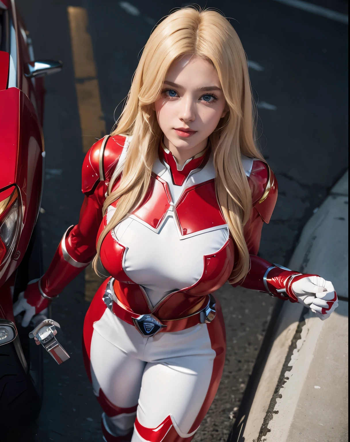 1girl, (Blue Eyes), (smiling), (Sana Minatozaki), wide hips, Big tits, big ass, (Best Quality, 8k, Masterpiece: 1.3), Clear Focus: 1.2, Perfect Body Beauty: 1.4, strong abs :1.2, Highly detailed face and skin texture, detailed eyes, double eyelids, (blond long hair :1.2), (red power ranger :1.3), Full body suit in red color, (Thick and intricate lines drawn on the chest), Lines on the sides of the suit, a belt, The suit is red with long gloves and boots are white, (Very shiny suit), standing, dynamic pose, on the streets of shibuya tokyo japan