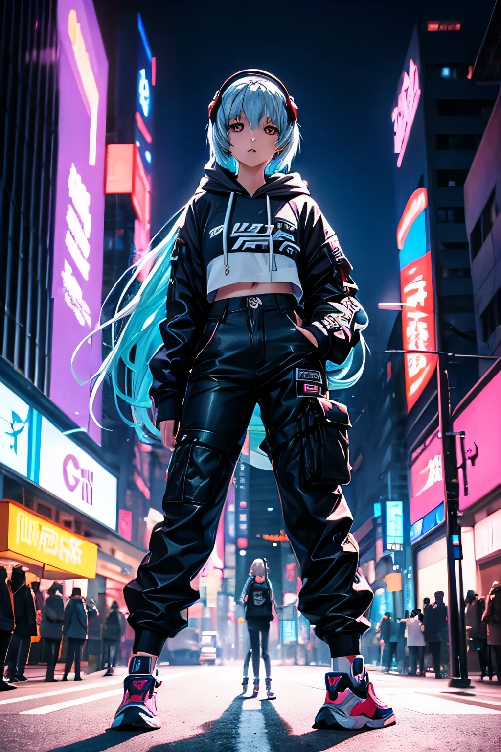 a girl that looks like Rei Ayanami with straight long hair, wearing streetwear baggie pants and headphones, passion blue hoodie, on the chest says 'Future Funk', amidst a vibrant futuristic cityscape illuminated by neon lights. standing in the middle of a big intersection