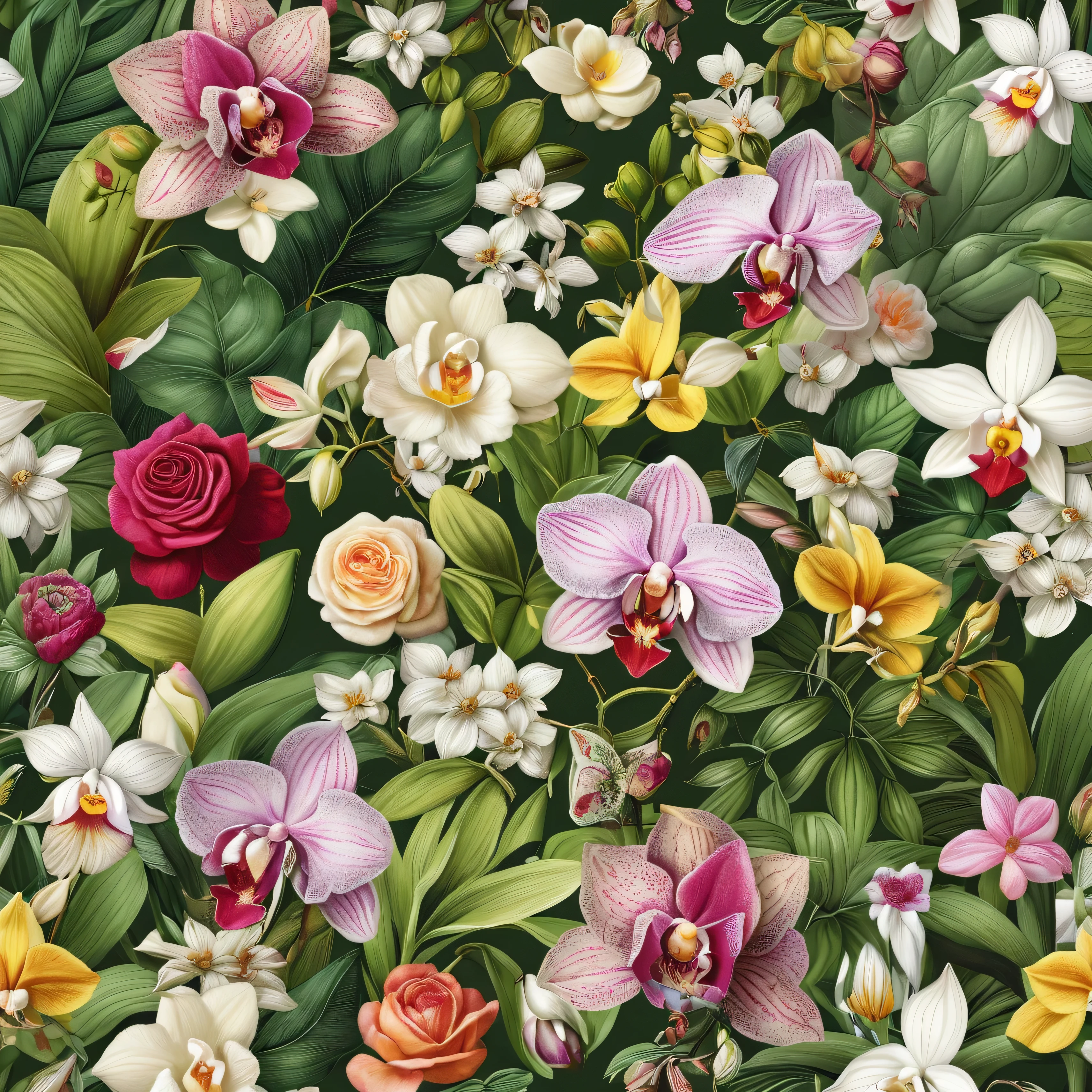 flower collage, wallpaper pattern, realistic, ultra-detailed, orchids, roses, wildflowers, green leaves, no humans 