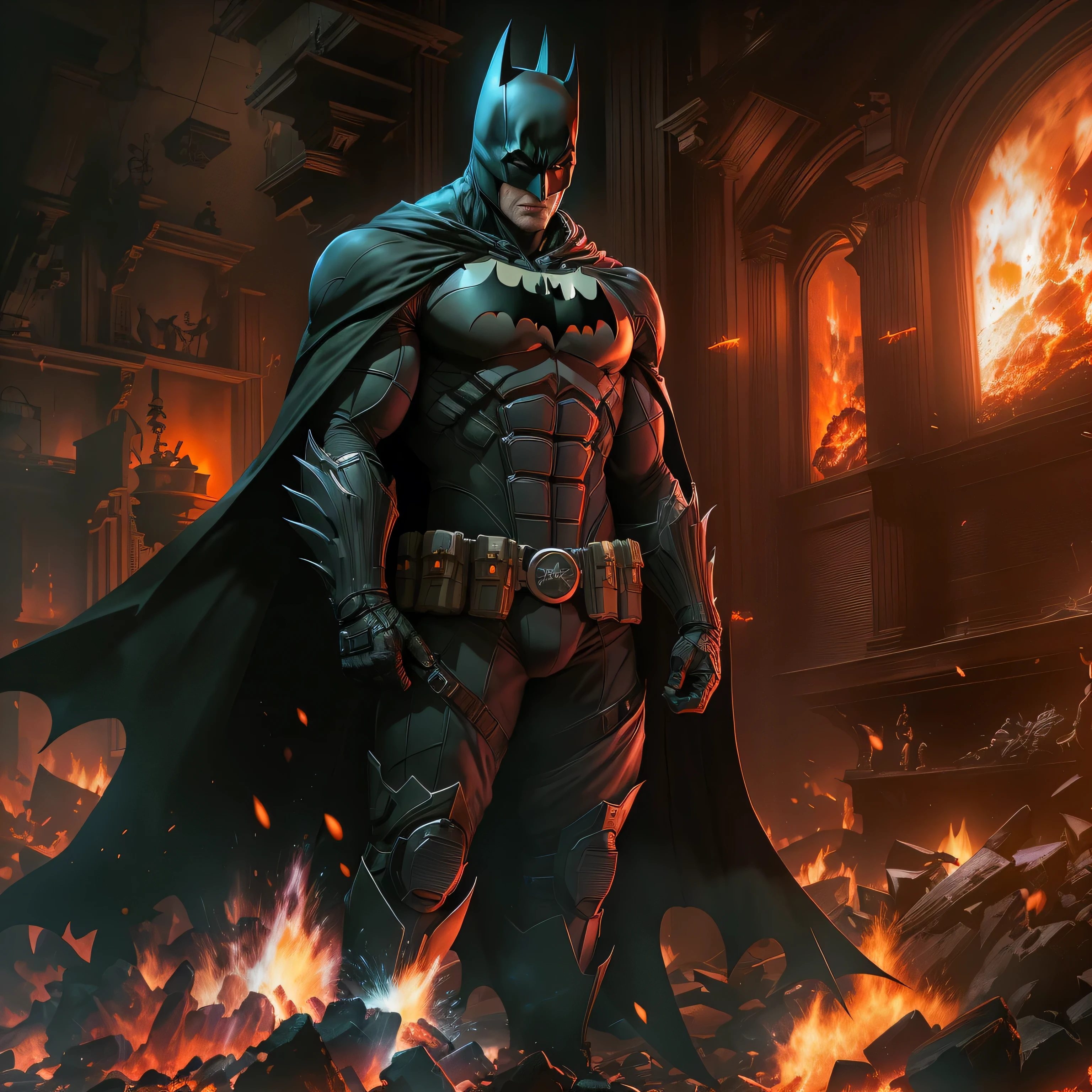 Batman in dark knight costume in front of a fire, epic anime art, artgerm craig mullins, anime concept hdr anime macmanus, jin - roh, by Arthur Pan, antoine collignon, by Yang J, with bright red eyes, style of raymond swanland, artgerm and craig mullins, red son, dan mumford. 8k octane rendering