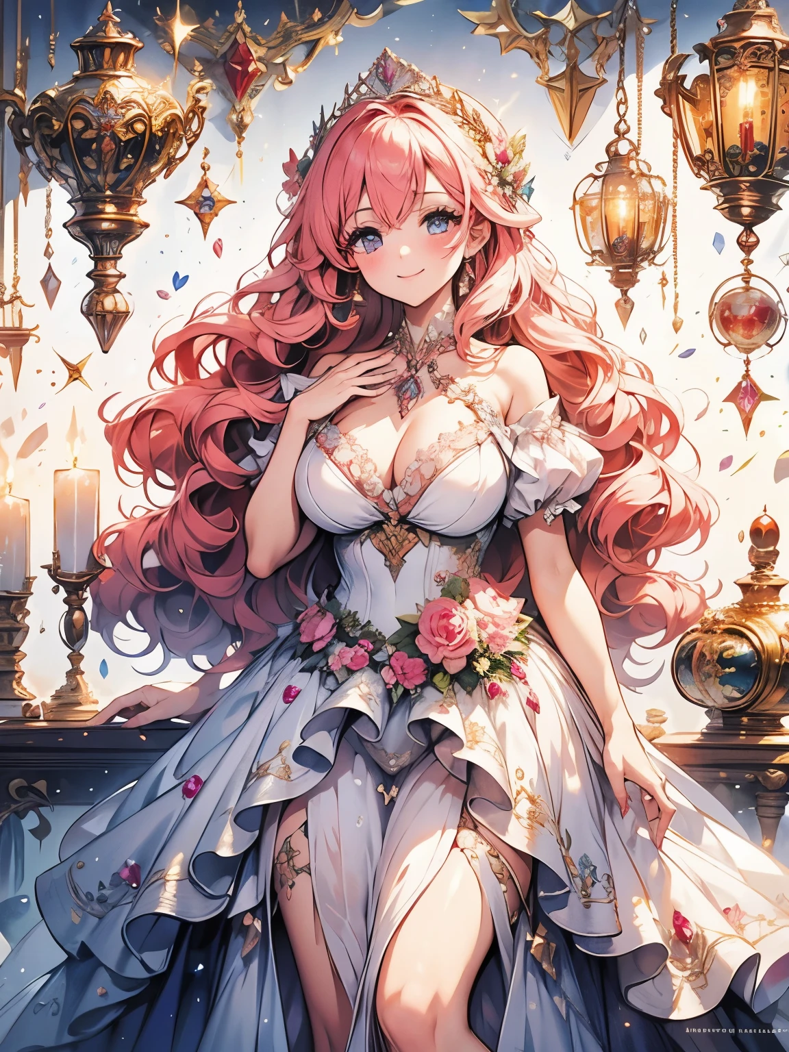 (masterpiece, insanely detailed, exquisite, beautiful, Full-HD, highres, absurdres), soft-edged, soft lines, female, princess charming, fairy, happy, delightful, smiling, looking at viewer, wave hair, medium hair, big eyes, pale skin, beautiful breasts, slim, crown, earrings, choker, with wings, white background, object with motif of ruby,in the afternoon, from front, dynamic angle, shining lights, dramatic lighting, warm lighting, soft lighting, depth of field, fantasy, beautiful, dreamy atmosphere, (white and red ball gown dress:1.1, pure white lace and frills,dress with motif of ruby), pink hair, purple eyes