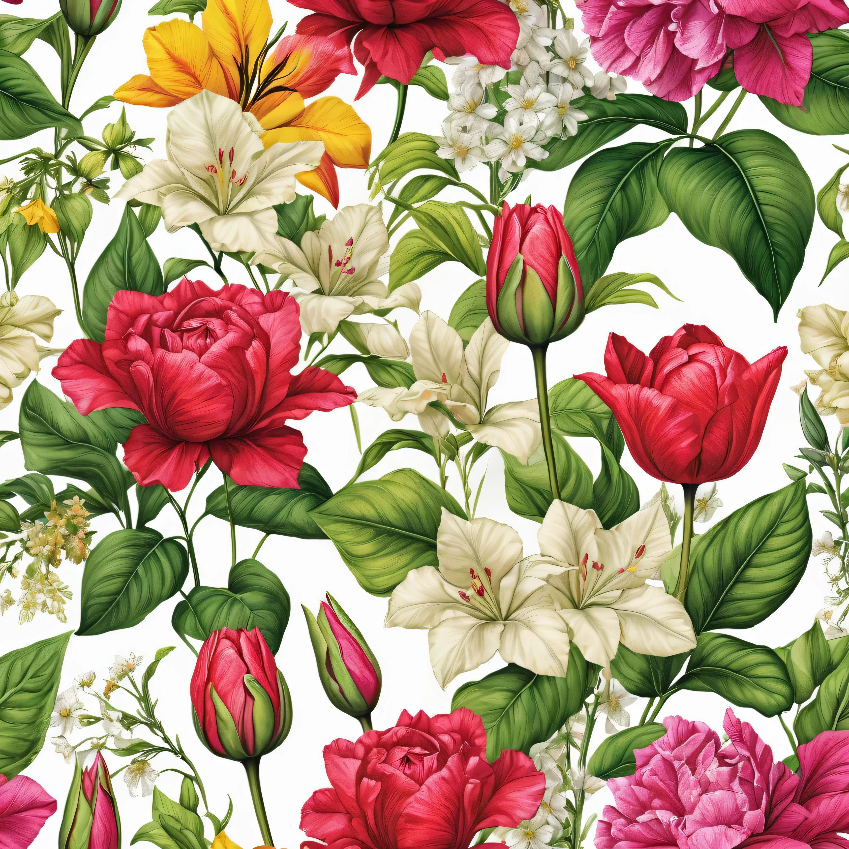 flower collage, wallpaper pattern, realistic, ultra-detailed, tulips, roses, bougainvillea, wildflowers, green leaves, no humans