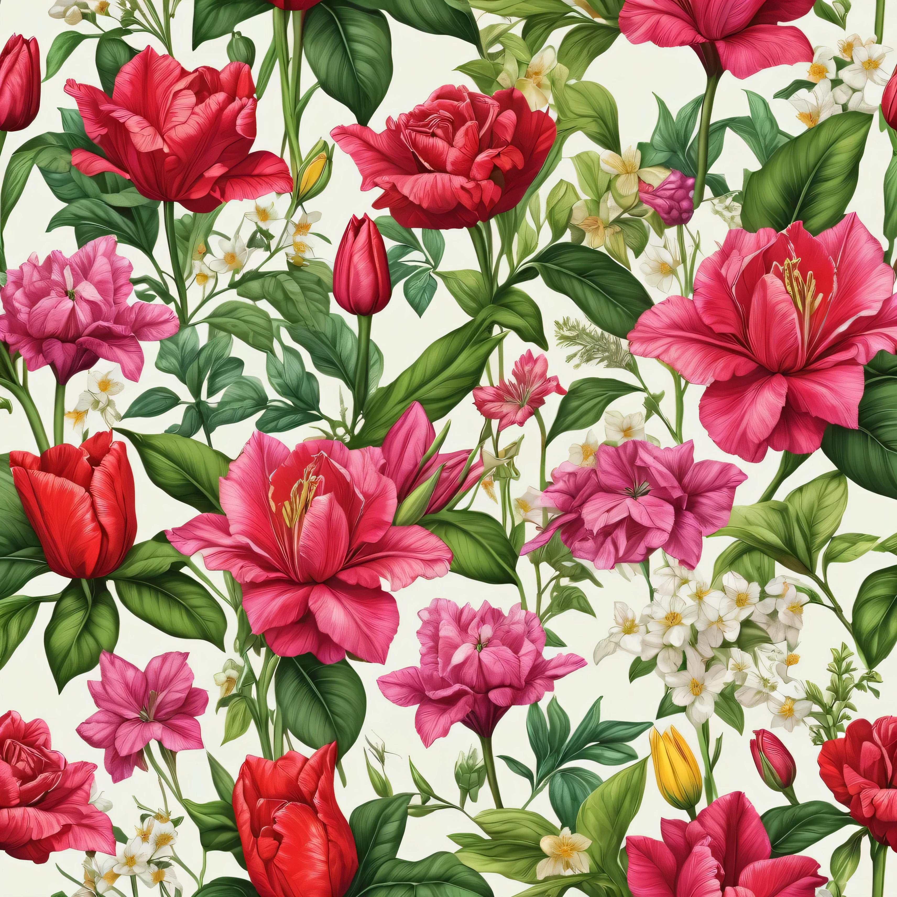 flower collage, wallpaper pattern, realistic, ultra-detailed, tulips, roses, bougainvillea, wildflowers, green leaves, no humans