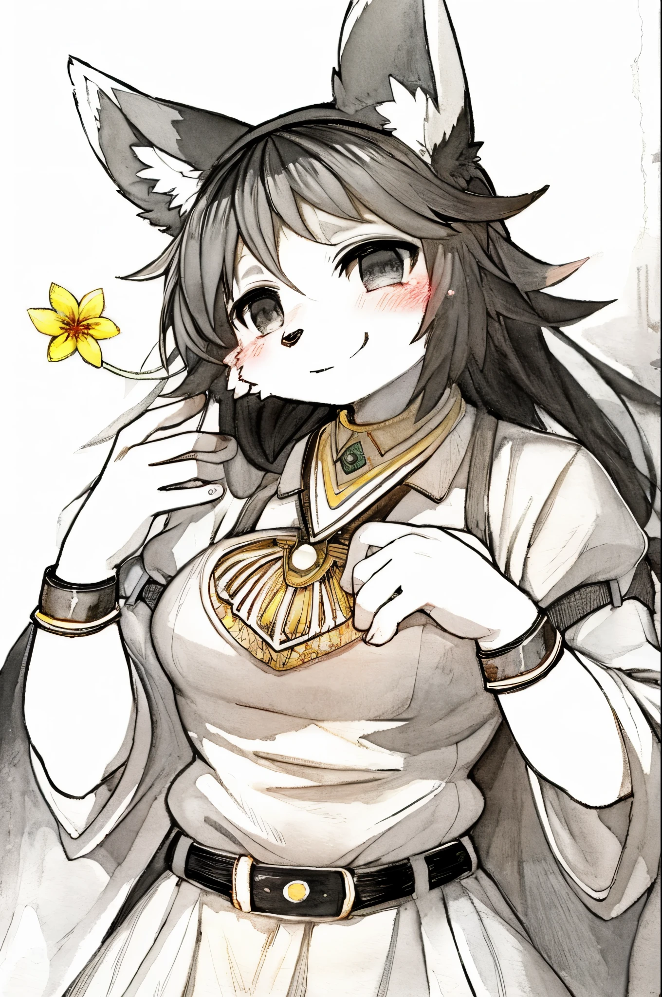 monochrome, watercolor, highres, top quality, best quality, paid reward available, High-quality illustrations, unparalleled masterpiece, perfect artwork, absurdres, 1girl, kemono, furry, detailed body fur, animal face, animal hand, Archaic Smile, holding a cluster of Rainbow flower in both hands, which are positioned at chest level, She is wearing a simple ring on the ring finger of her left hand, unfocused spread of Rainbow flower, fan-created work shared on platforms Pixiv or Twitter,