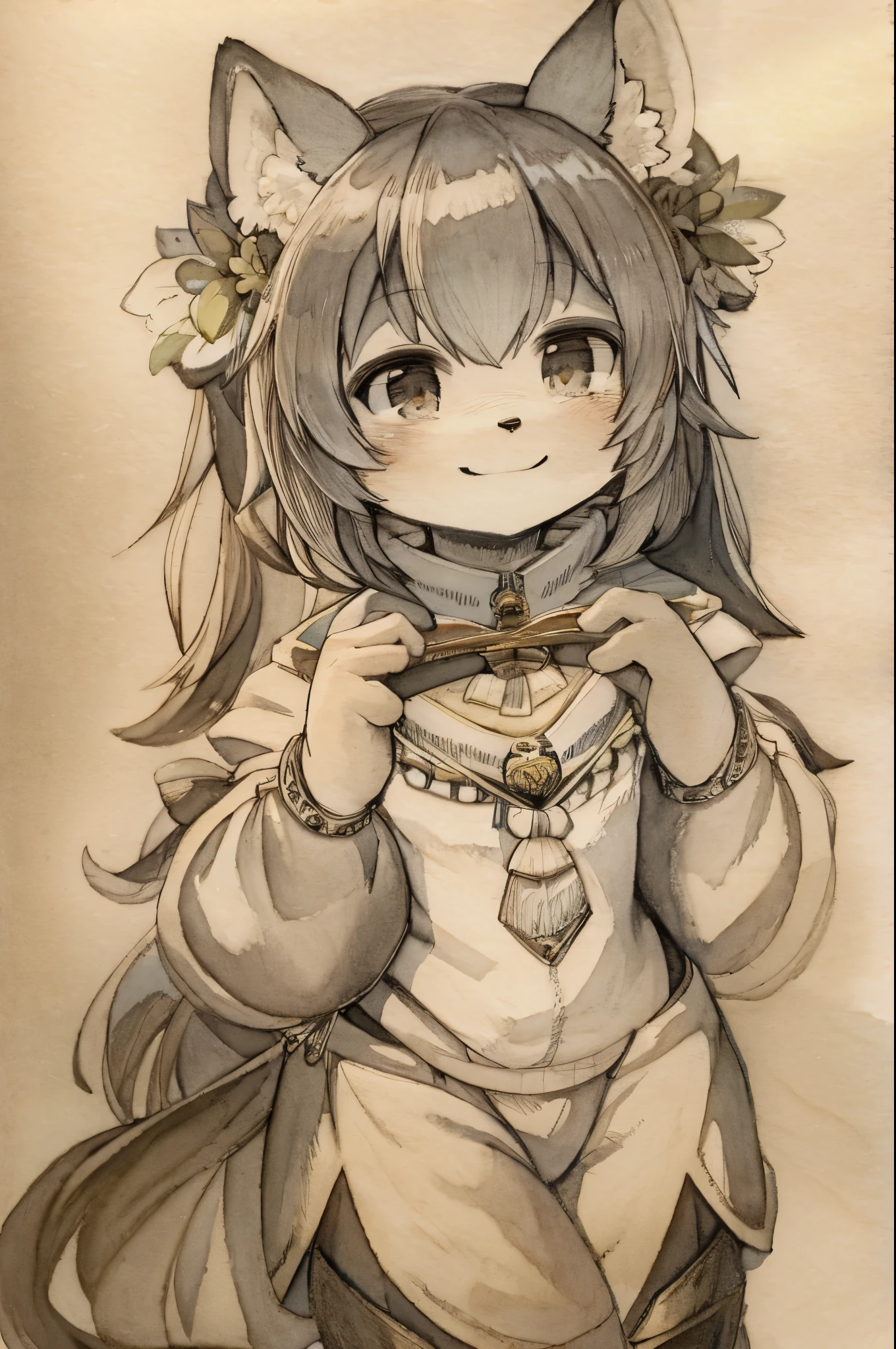 monochrome, watercolor, highres, top quality, best quality, paid reward available, High-quality illustrations, unparalleled masterpiece, perfect artwork, absurdres, 1girl, kemono, furry, detailed body fur, animal face, animal hand, Archaic Smile, holding a cluster of Rainbow flower in both hands, which are positioned at chest level, She is wearing a simple ring on the ring finger of her left hand, unfocused spread of Rainbow flower, fan-created work shared on platforms Pixiv or Twitter,