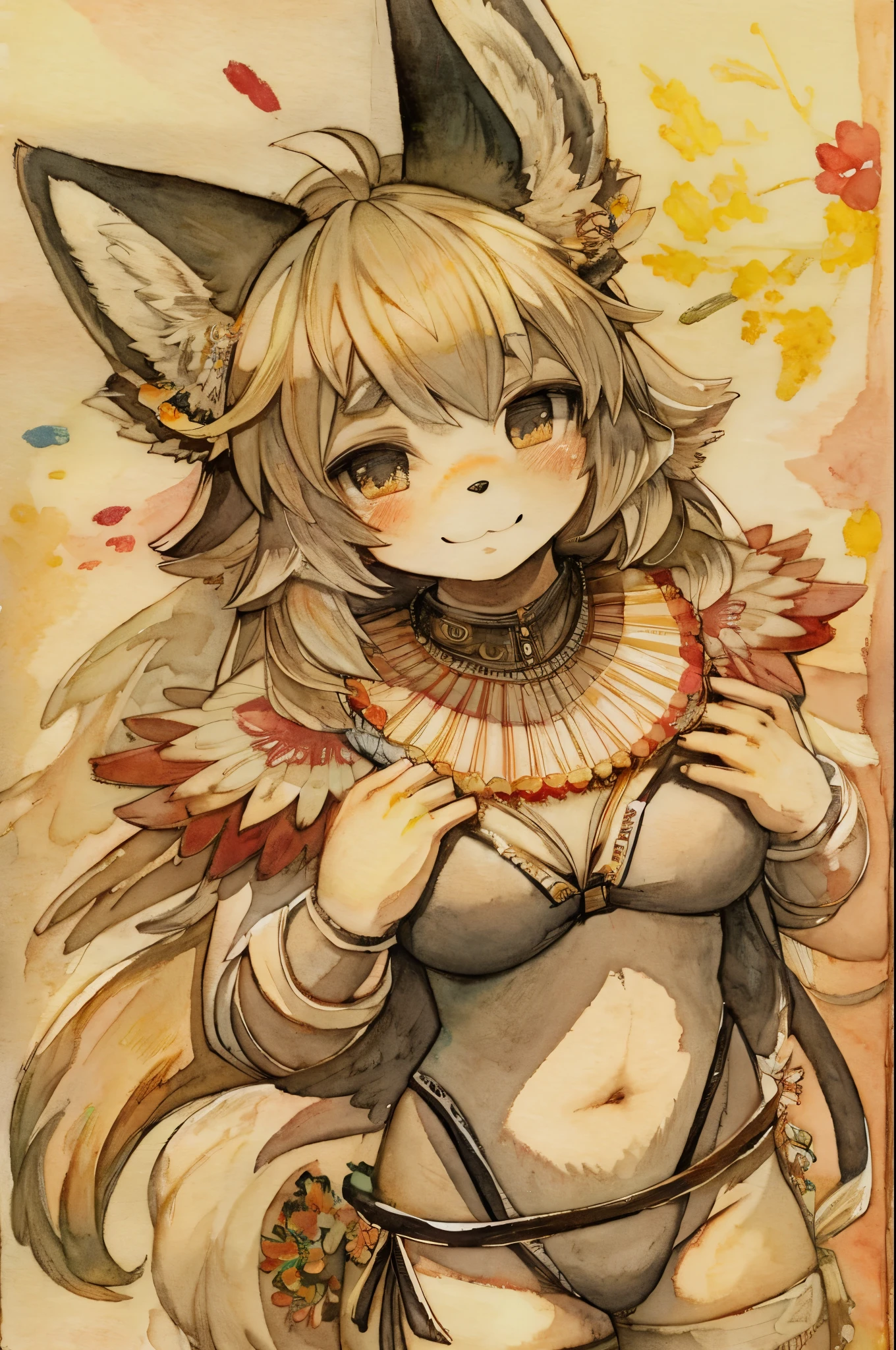 monochrome, watercolor, highres, top quality, best quality, paid reward available, High-quality illustrations, unparalleled masterpiece, perfect artwork, absurdres, 1girl, kemono, furry, detailed body fur, animal face, animal hand, Archaic Smile, holding a cluster of Rainbow flower in both hands, which are positioned at chest level, She is wearing a simple ring on the ring finger of her left hand, unfocused spread of Rainbow flower, fan-created work shared on platforms Pixiv or Twitter,