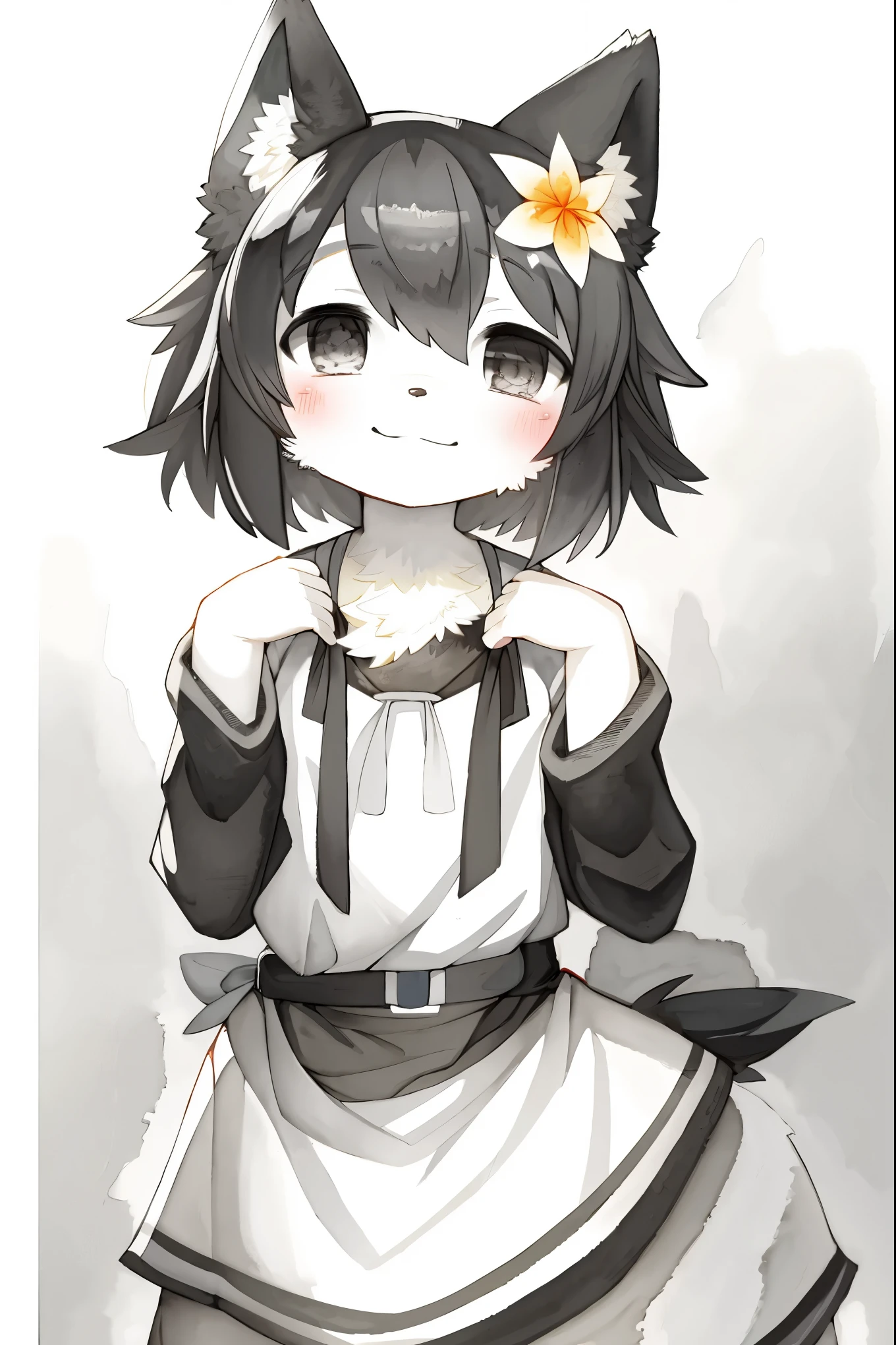 monochrome, watercolor, highres, top quality, best quality, paid reward available, High-quality illustrations, unparalleled masterpiece, perfect artwork, absurdres, 1girl, kemono, furry, detailed body fur, animal face, animal hand, Archaic Smile, holding a cluster of Rainbow flower in both hands, which are positioned at chest level, She is wearing a simple ring on the ring finger of her left hand, unfocused spread of Rainbow flower, fan-created work shared on platforms Pixiv or Twitter,