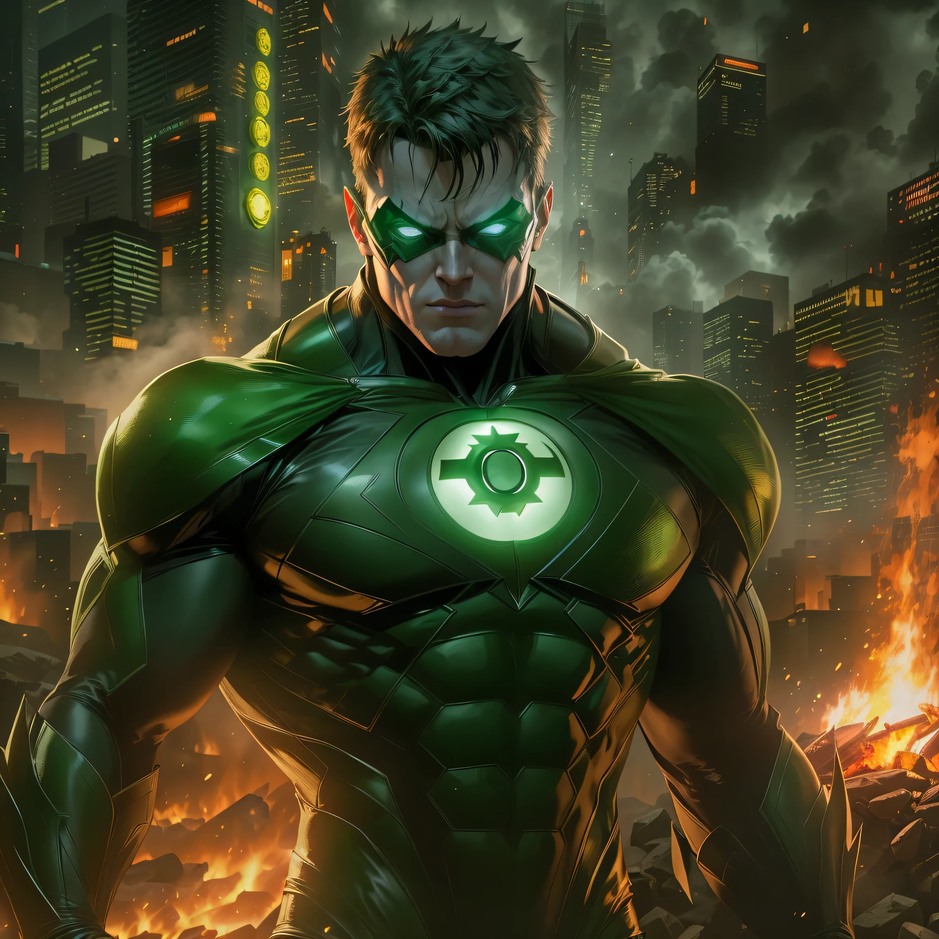 Green Lantern in dark knight costume in front of a fire, epic anime art, artgerm craig mullins, anime concept hdr anime macmanus, jin - roh, by Arthur Pan, antoine collignon, by Yang J, with bright red eyes, style of raymond swanland, artgerm and craig mullins, red son, dan mumford. 8k octane rendering
