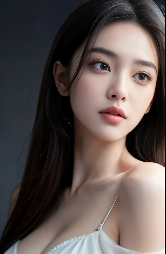 best quality,masterpiece,ultra high resolution,(Realism:1.4),RAW photos,1 girl,Off the shoulders,long hair,huge ,face highlight,pure,Full of girly feeling,18 years old,spaghetti straps,Black suspenders,Deep V big breasts,18 years old微笑女同学,pure,Innocent,(best quality,8k,masterpiece:1.3),Oval face,big eyes,long eyelashes,Beautifully(Realistic style),starry eyes,ultimate face,Realistic light and shadow,Clear facial features, fair and silky skin,White skin, High detail skin, Realistic skin details, Visible pores,(Ultra-detailed),(Perfect body:1.1),(dynamic poses),((dynamic background((Volumetric light:1.3)),Room,floor