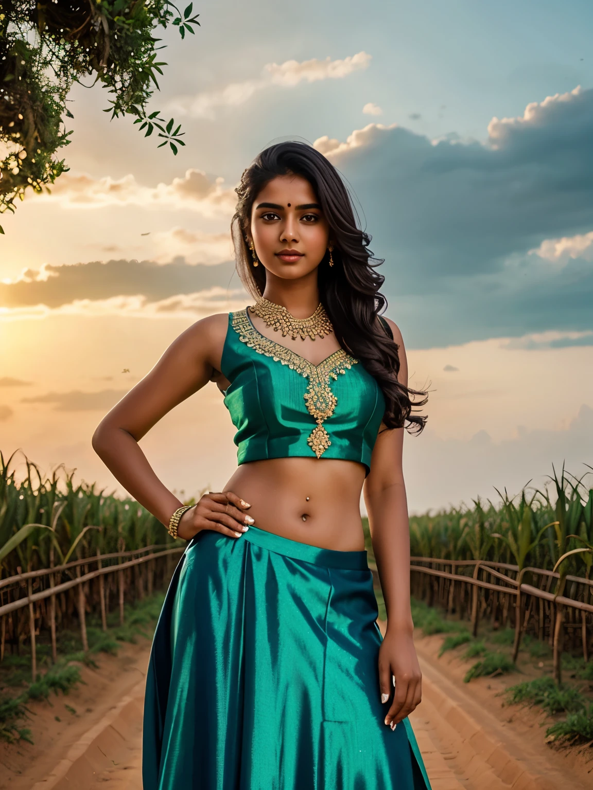 20 year old Tamil girl, inside sugarcane field, evening sky, bossy sassy photoshoot, (wearing expensive sleeveless choli, long skirt), (intricate detailing of face eyes nose mouth full lips & body parts), textured skin, smile:0.6, eyes symmetry, face symmetry, 256K, HDR, hyper realistic, intricate detailing, yotta-pixel image, yocto-pixel detailing