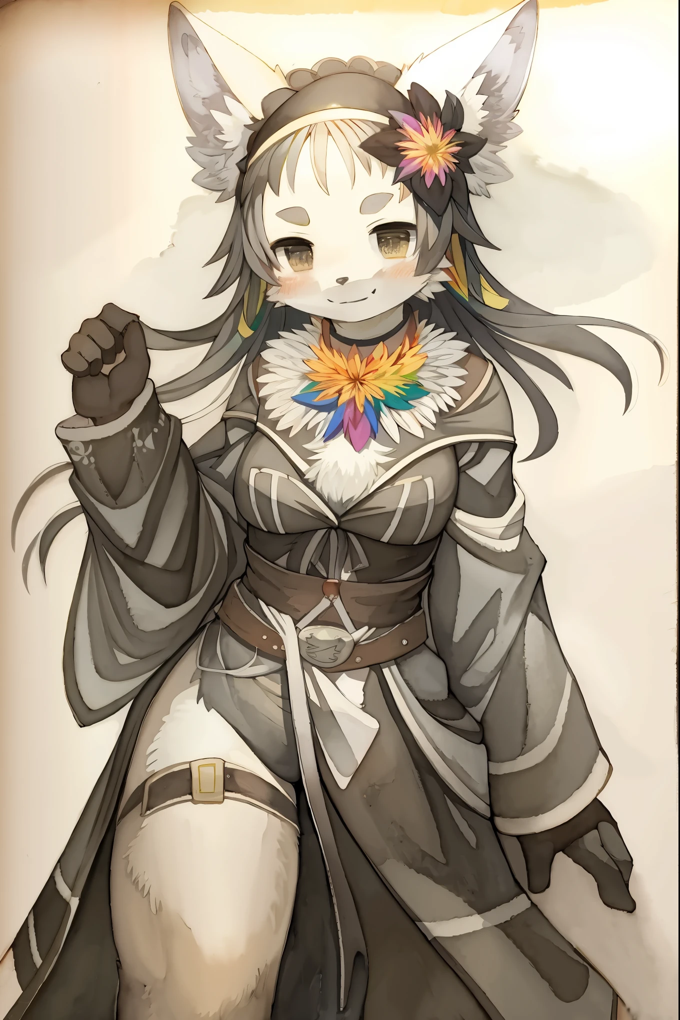 monochrome, watercolor, highres, top quality, best quality, paid reward available, High-quality illustrations, unparalleled masterpiece, perfect artwork, absurdres, 1girl, kemono, furry, detailed body fur, animal face, animal hand, Archaic Smile, holding a cluster of Rainbow flower in both hands, which are positioned at chest level, She is wearing a simple ring on the ring finger of her left hand, unfocused spread of Rainbow flower, fan-created work shared on platforms Pixiv or Twitter,
