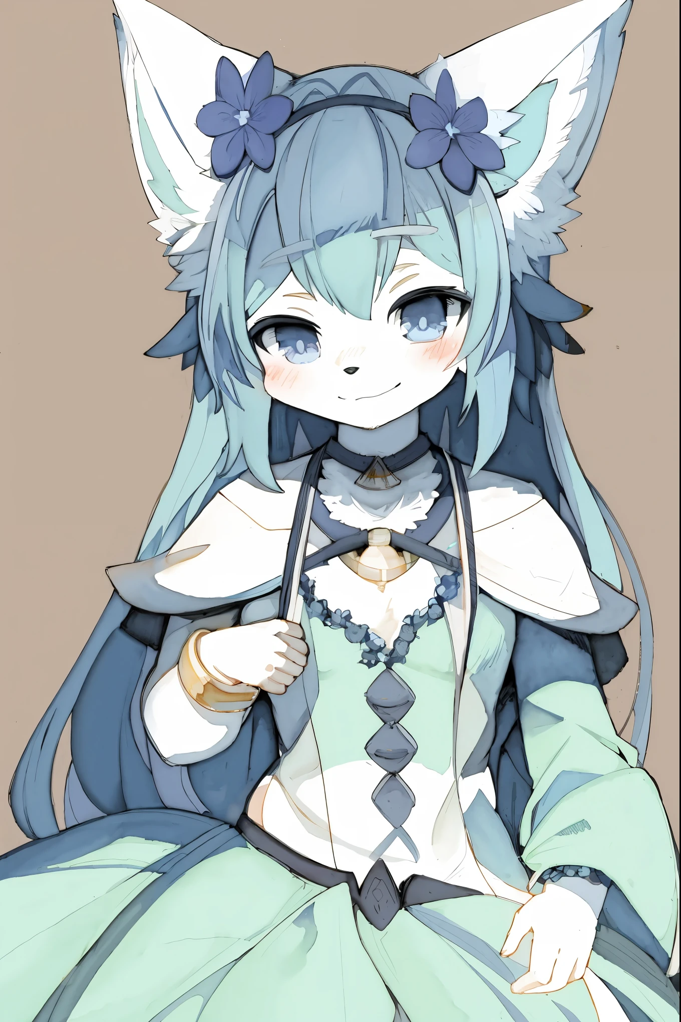monochrome, watercolor, highres, top quality, best quality, paid reward available, High-quality illustrations, unparalleled masterpiece, perfect artwork, absurdres, 1girl, kemono, furry, detailed body fur, animal face, animal hand, Archaic Smile, holding a cluster of sky blue flower in both hands, which are positioned at chest level, She is wearing a simple ring on the ring finger of her left hand, unfocused spread of sky blue flower, fan-created work shared on platforms Pixiv or Twitter,