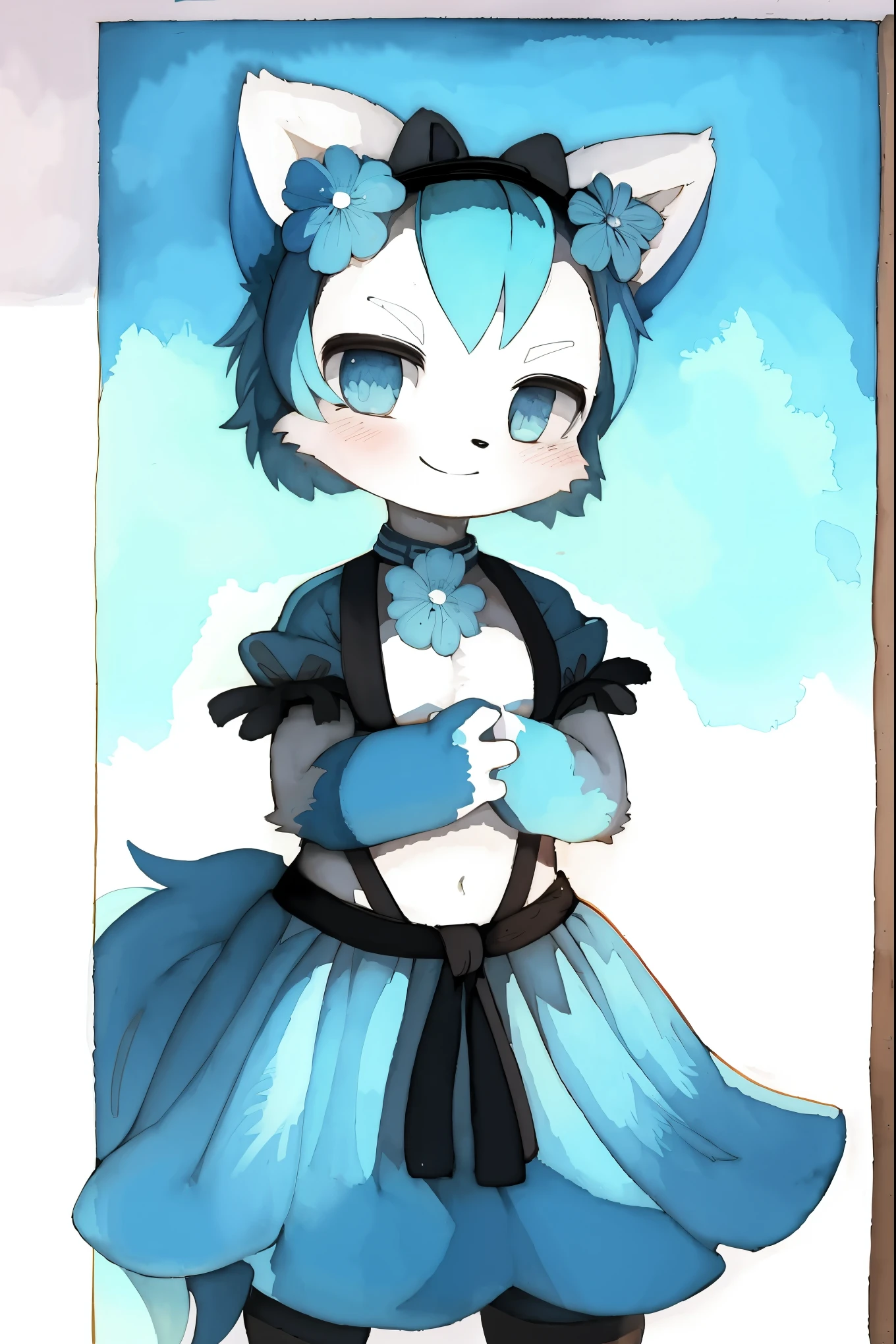 monochrome, watercolor, highres, top quality, best quality, paid reward available, High-quality illustrations, unparalleled masterpiece, perfect artwork, absurdres, 1girl, kemono, furry, detailed body fur, animal face, animal hand, Archaic Smile, holding a cluster of sky blue flower in both hands, which are positioned at chest level, She is wearing a simple ring on the ring finger of her left hand, unfocused spread of sky blue flower, fan-created work shared on platforms Pixiv or Twitter,