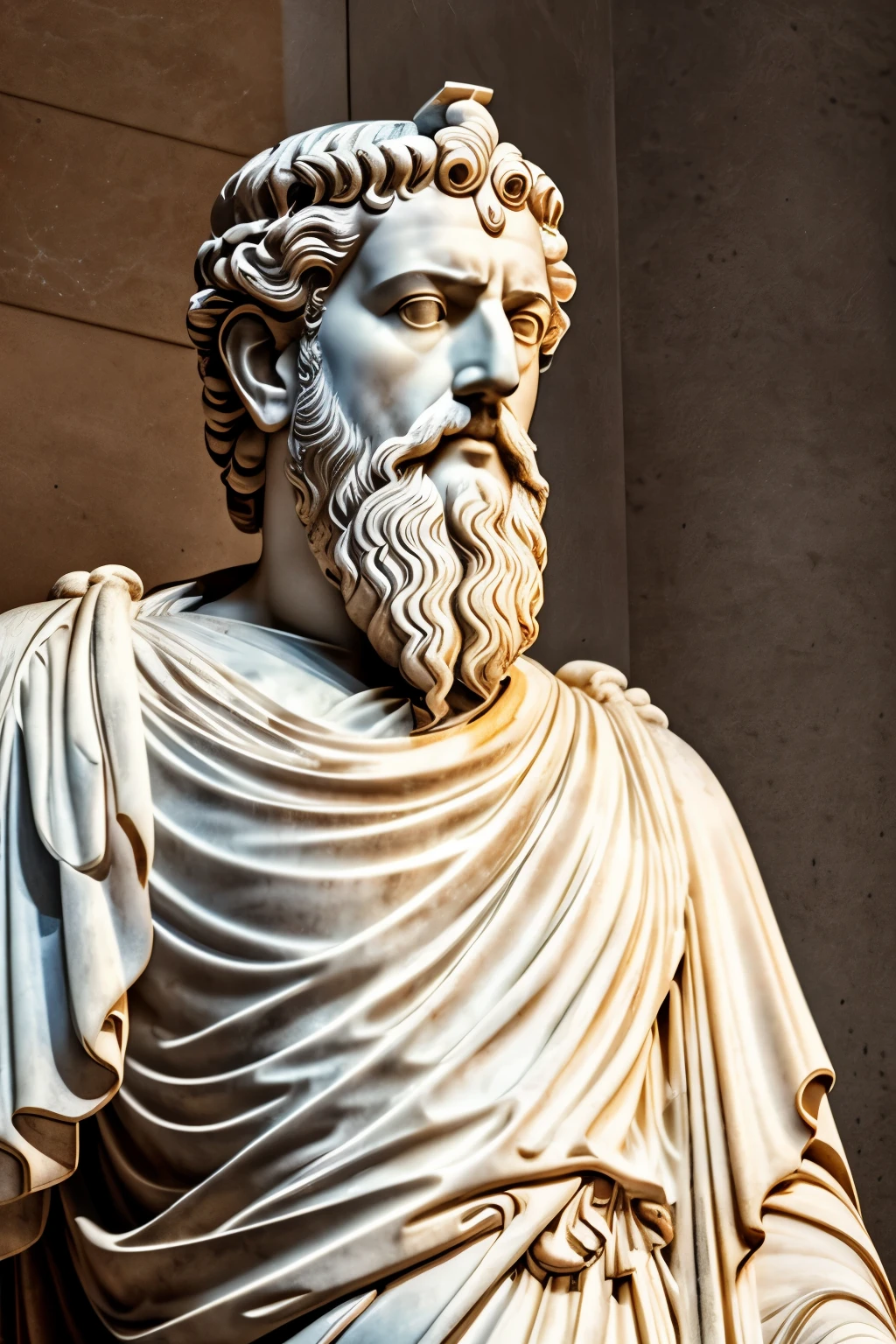 A realistic Greek white marble statue of Emperor Marcus Aurelius, beautifully detailed, is depicted in a pensive pose, adorned in a hauntingly ethereal toga. The serene and somber atmosphere is accentuated by a neutral background, evoking a sense of introspection and contemplation. The artwork is rendered with a fotorrealista approach, showcasing its meticulous attention to detail, while the use of brilliant lighting in 8K resolution brings a captivating vibrancy to the piece. This super detalhada and hiper realista portrayal of Marcus Aurelius captures the essence of his thoughtful nature, making it an ideal addition to any moody, movie dinner ambiance.