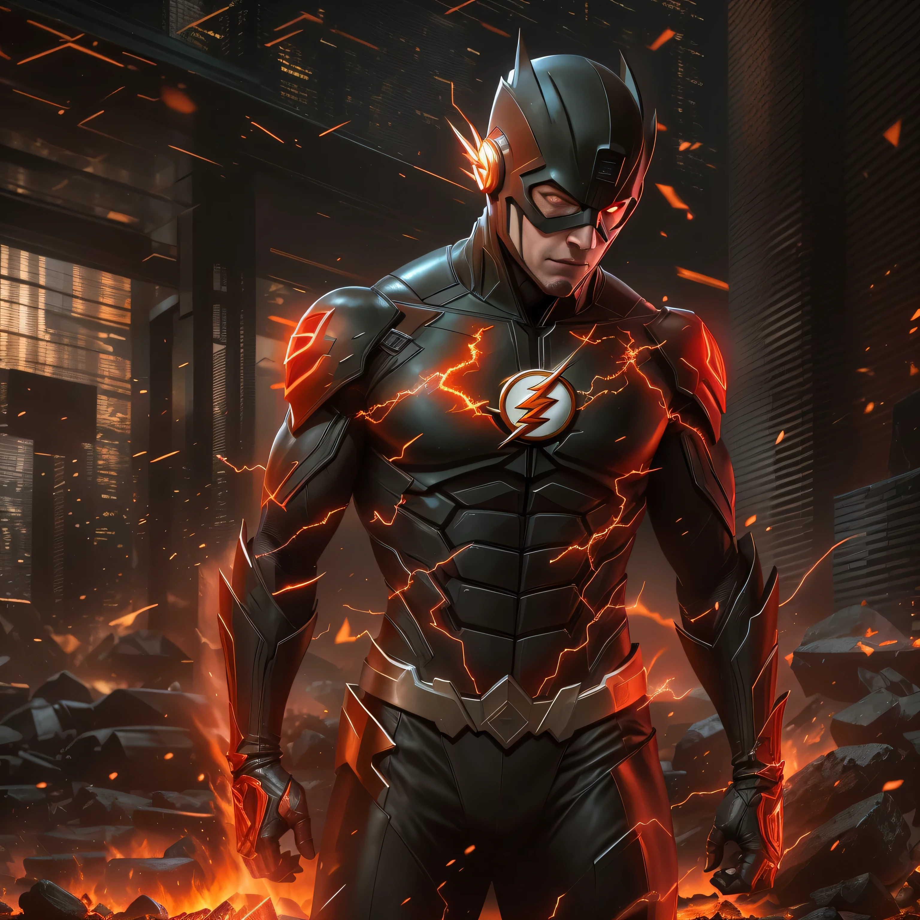 The Flash in dark knight costume in front of a fire, epic anime art, artgerm craig mullins, anime concept hdr anime macmanus, jin - roh, by Arthur Pan, antoine collignon, by Yang J, with bright red eyes, style of raymond swanland, artgerm and craig mullins, red son, dan mumford. 8k octane rendering