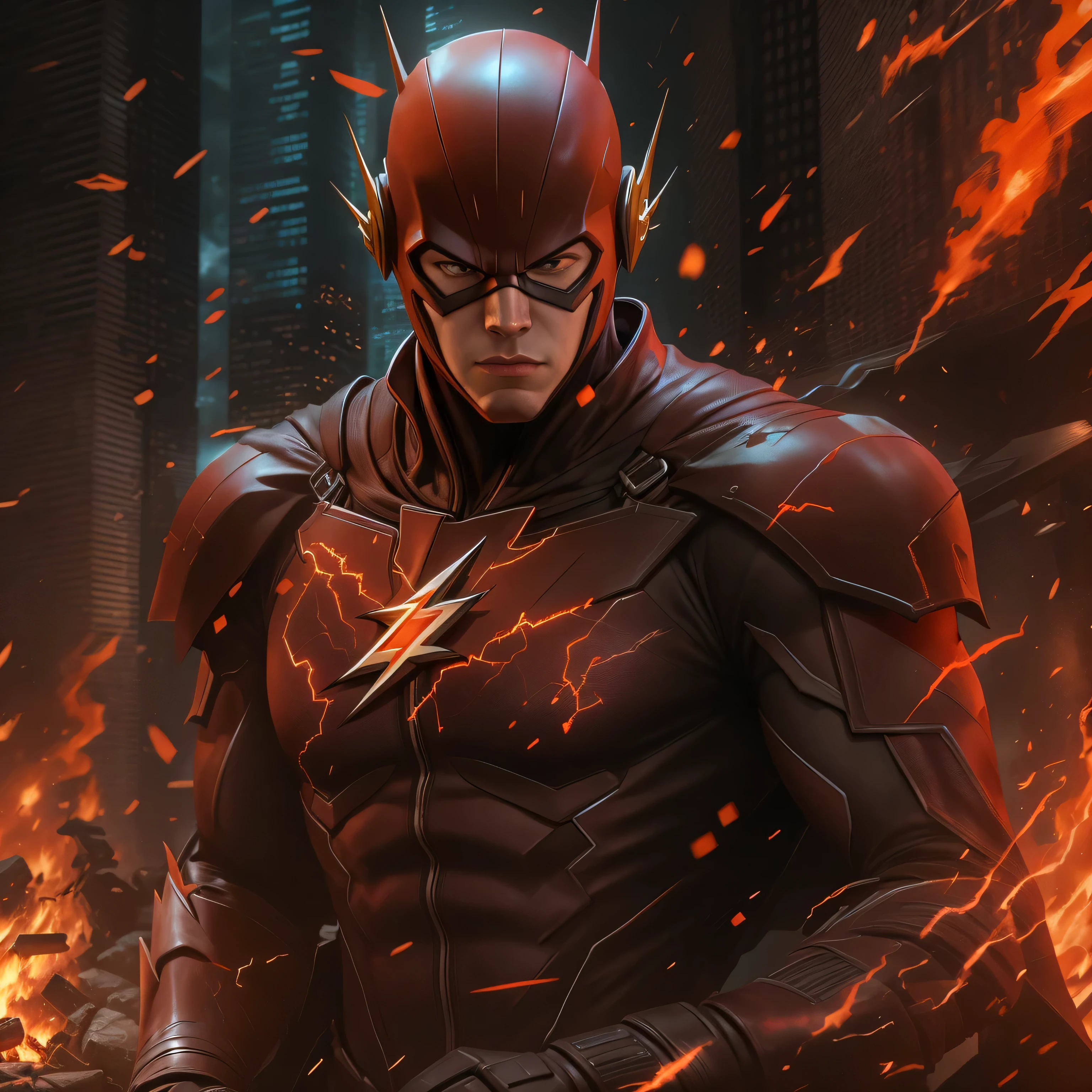 The Flash in dark knight costume in front of a fire, epic anime art, artgerm craig mullins, anime concept hdr anime macmanus, jin - roh, by Arthur Pan, antoine collignon, by Yang J, with bright red eyes, style of raymond swanland, artgerm and craig mullins, red son, dan mumford. 8k octane rendering