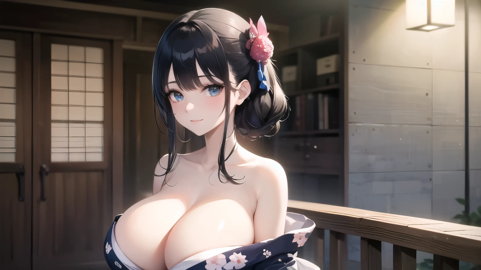 (((masterpiece, best quality))), (((superior quality))), cute girl, ((extremely detailed girl)), (huge breasts), (yukata), (bare shoulders), strapless top, slight smile