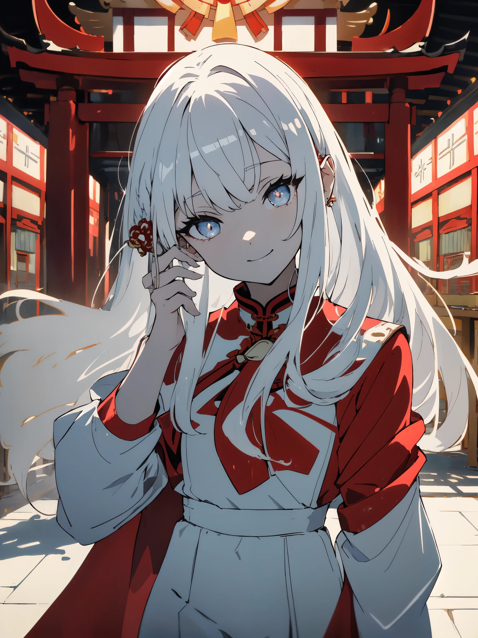 ((highest quality、masterpiece、shining eyes、detailed))、1 girl、beautiful face、short、、(White beast ears)、(long white hair)、(trousers style red cheongsam)、smile、Shrine precincts、Play tag with elementary school students、anime style