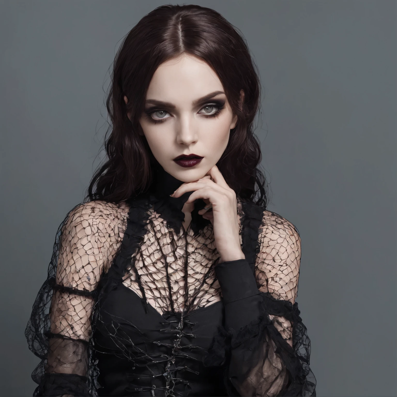Girl with gothic net symbolic clothes, 。.com (Barbed wire of the body) brunette color hair, cascading tight platinum blonde curls highlighted with cobalt, sitting bored, uhd