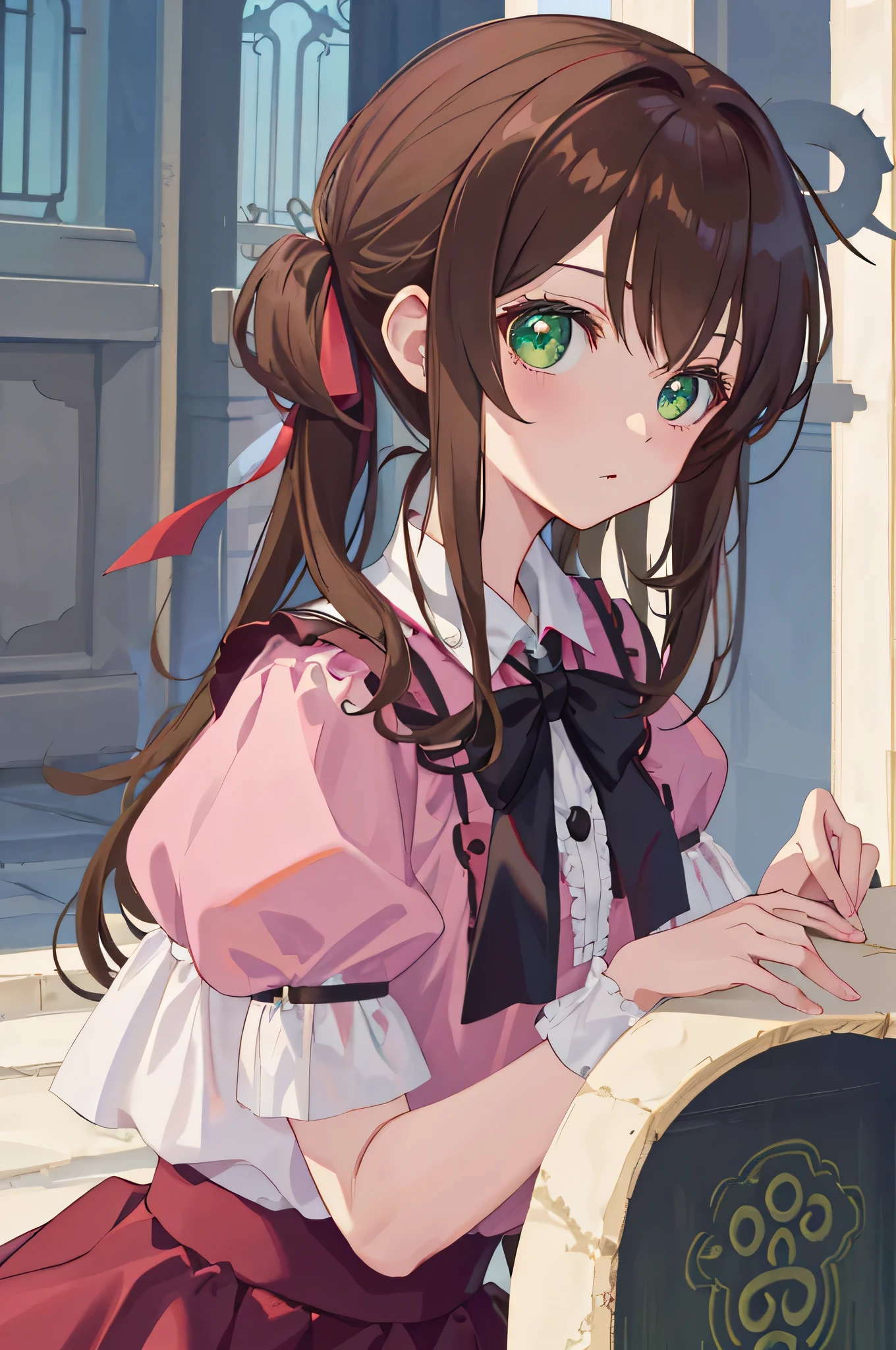 masterpiece quality,Highest Quality Assurance。brown hair、cute girl with green eyes。Tsundere,Wearing a short gothic skirt,exude magical power,pink dress,Naughty,adorable,during the day,white castle tower,Sacred,upper body,