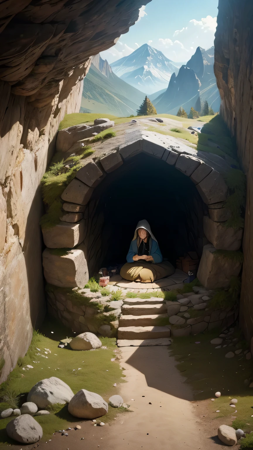 A safe hiding place: A visual representation of a safe, peaceful place, such as a mountain cave or a cozy home, that represents the "hiding place of the Most High" mentioned in the Psalm.