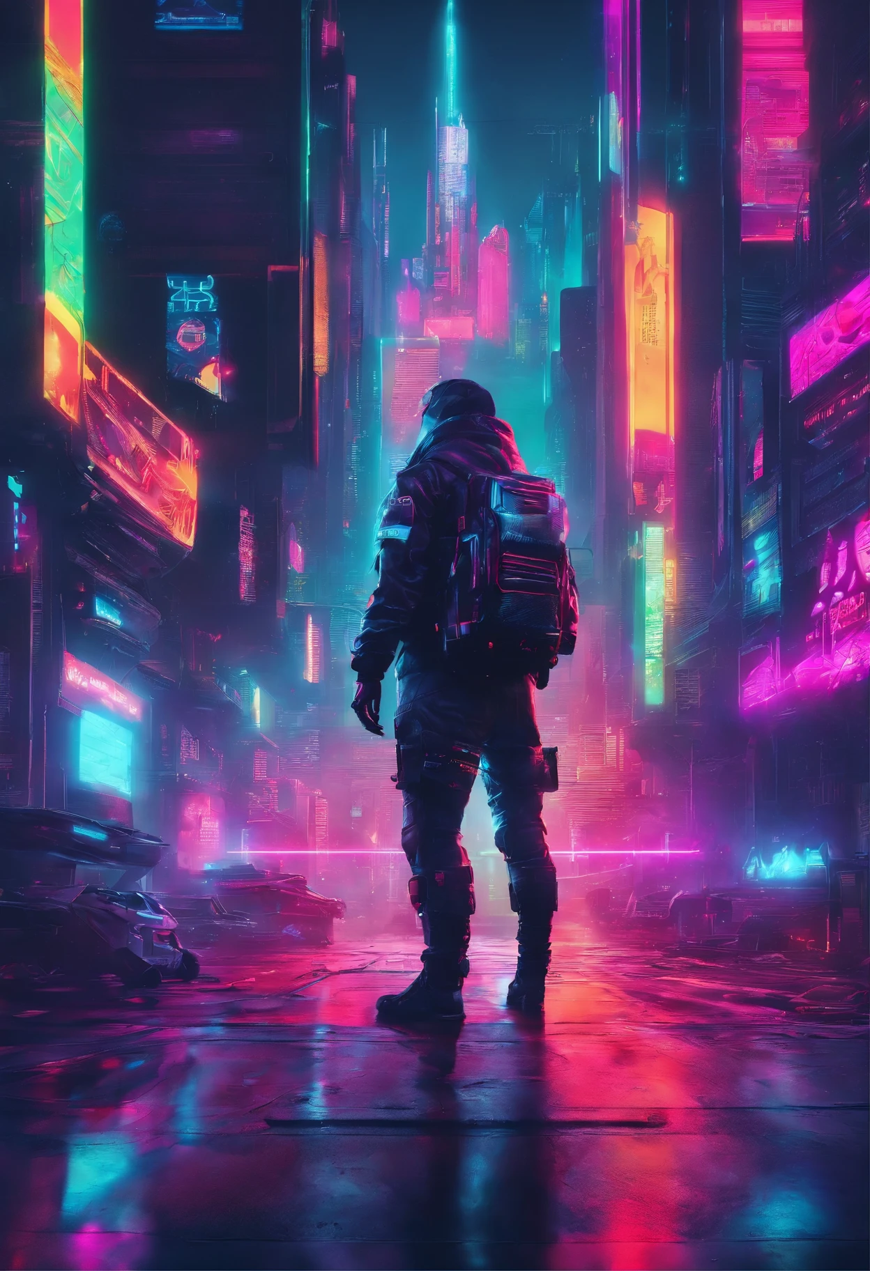 8k，qualidade de imagem fina，Fundo da rua do futuro，um menino cyberpunk，Carregue esta mochila de tecnologia futurista，A mochila tem uma luz，Future lighting camera in hand，Sombra traseira