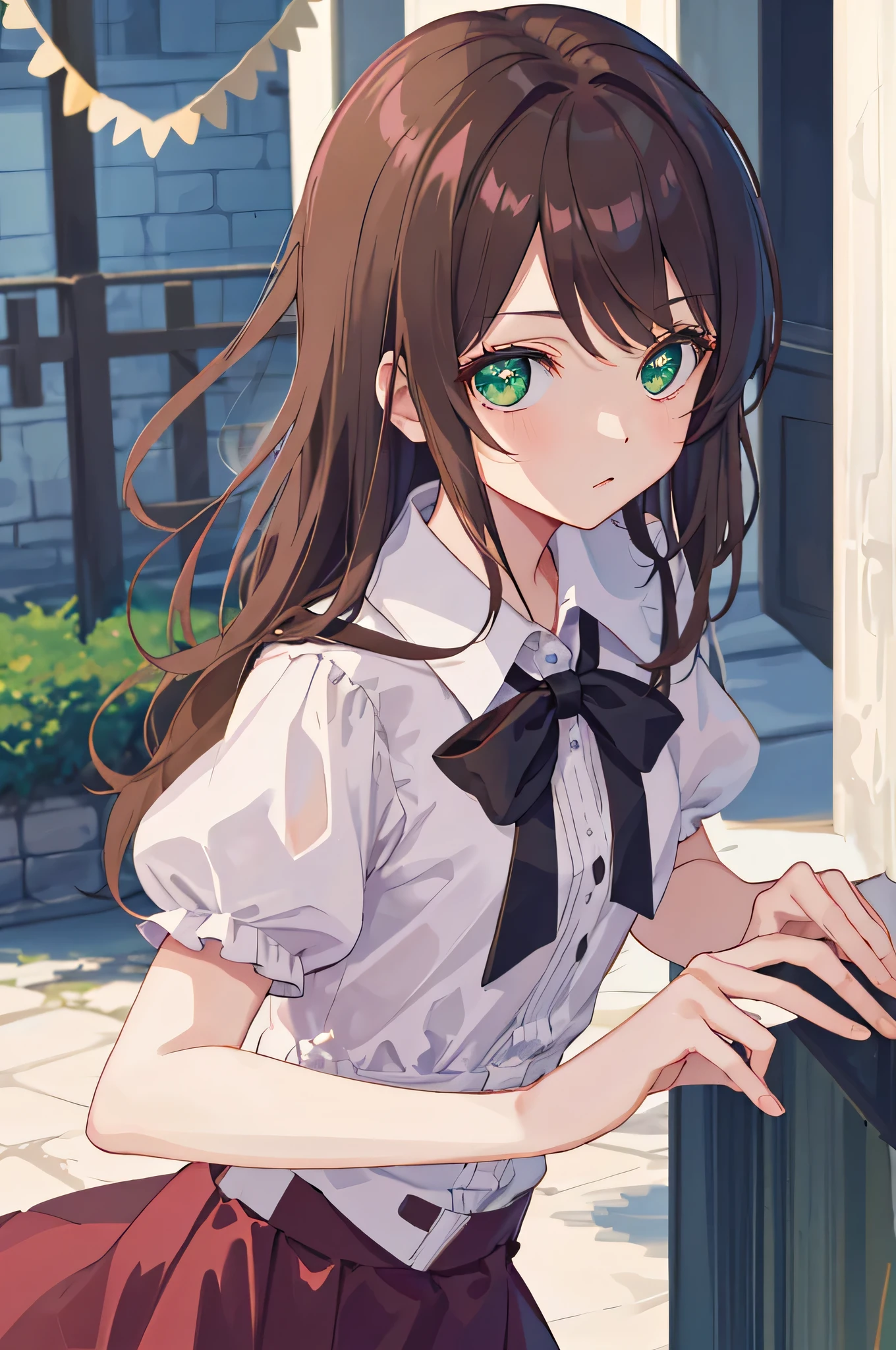 masterpiece quality，Highest Quality Assurance。brown hair、cute girl with green eyes。Tsundere，Wearing a short gothic skirt，exude magical power，pink dress，Naughty，adorable，during the day，white castle tower，Sacred,upper body,