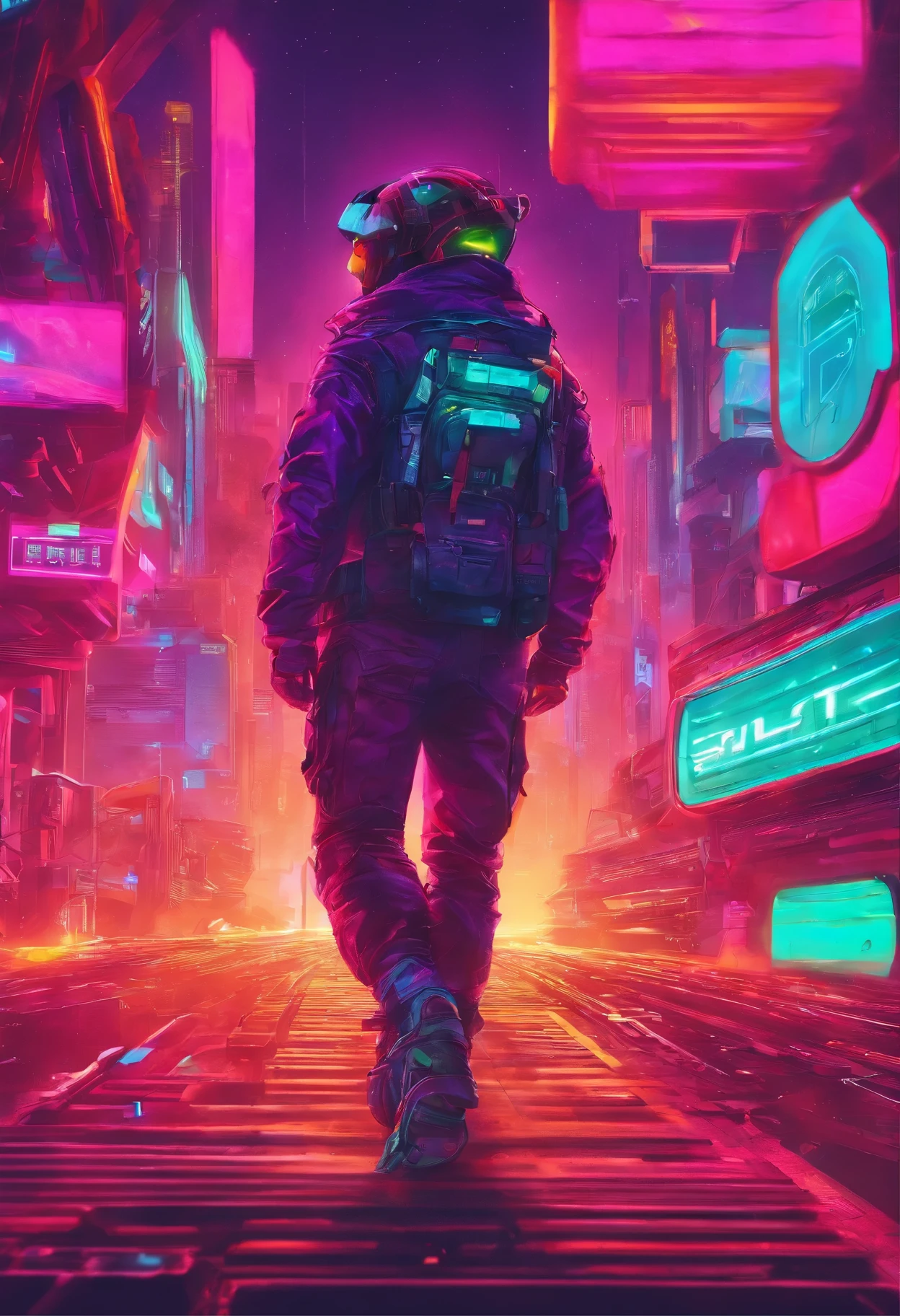 8k,qualidade de imagem fina,Fundo da rua do futuro,um menino cyberpunk,Carregue esta mochila de tecnologia futurista,A mochila tem uma luz,Future lighting camera in hand,Sombra traseira