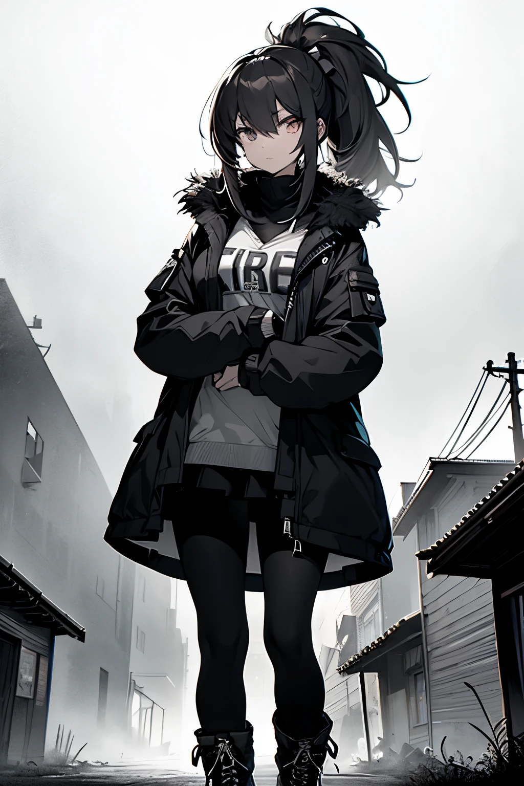 A woman clad in leggings and a pleated skirt, her sports top hugging her frame, stood before the eerie backdrop of a foggy moonlit night in a long-abandoned ghost town. Her high ponytail, tied tightly, peeked out from under the hood of her long fur jacket – a monochrome style lineart masterpiece. The high boots she wore, laced up to her thighs, added to her imposing figure, contrasting against the pale fog that enveloped the desolate landscape. The chilling stillness of the town was palpable, yet a warmth emanated from her, her eyes fierce and determined in the muted monochrome setting