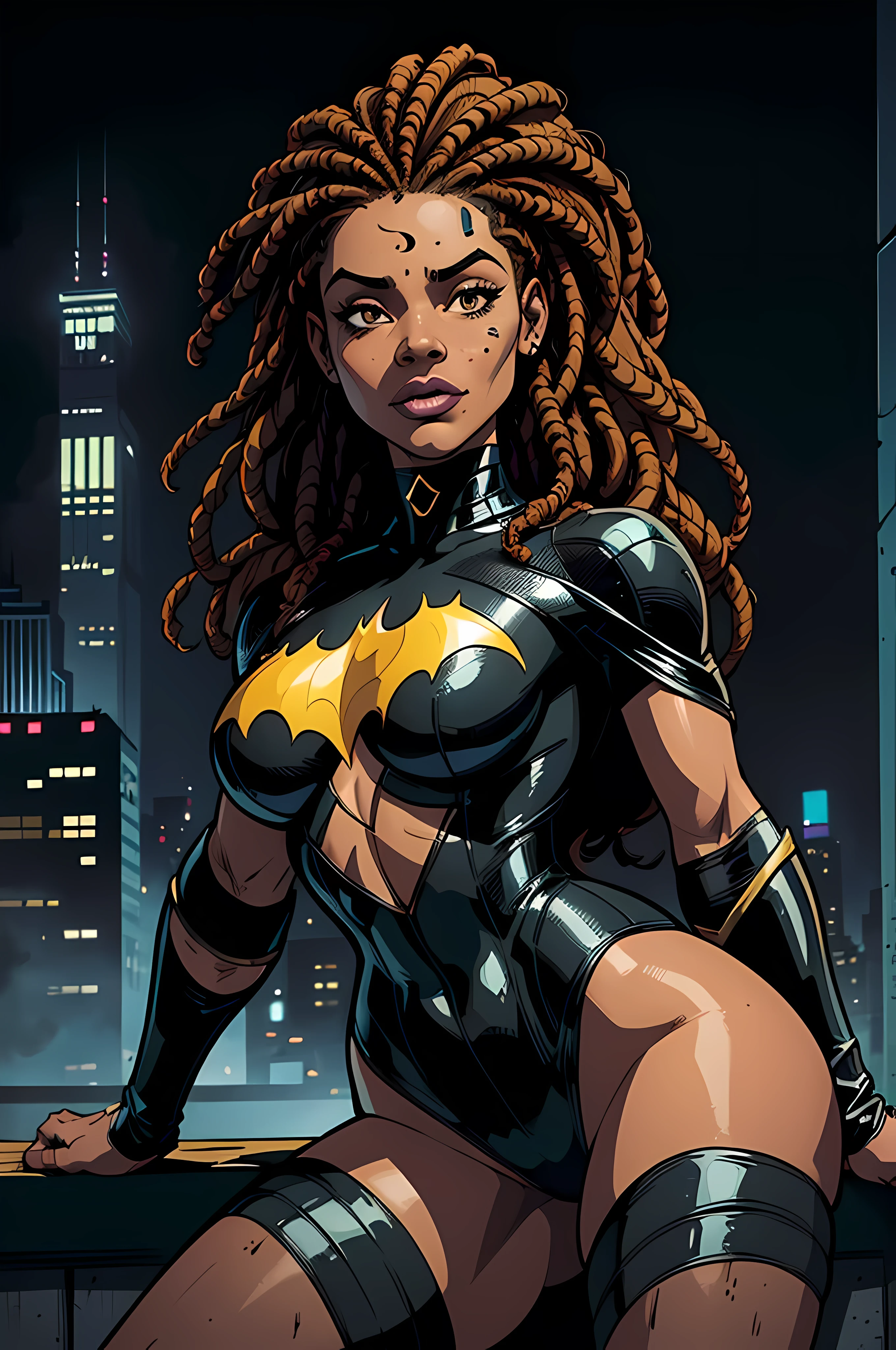 (until, melhor qualidade), Ebony 1girl, Cara bonita, Kimberly_Jackson, dreadlocks soltos, messy, Face, cidade, Gotham, Realista, in batman costume illustration for sticker with black background, contorno em negrito, bordas irregulares, trashcore, sombreamento claro - - v5. dois
