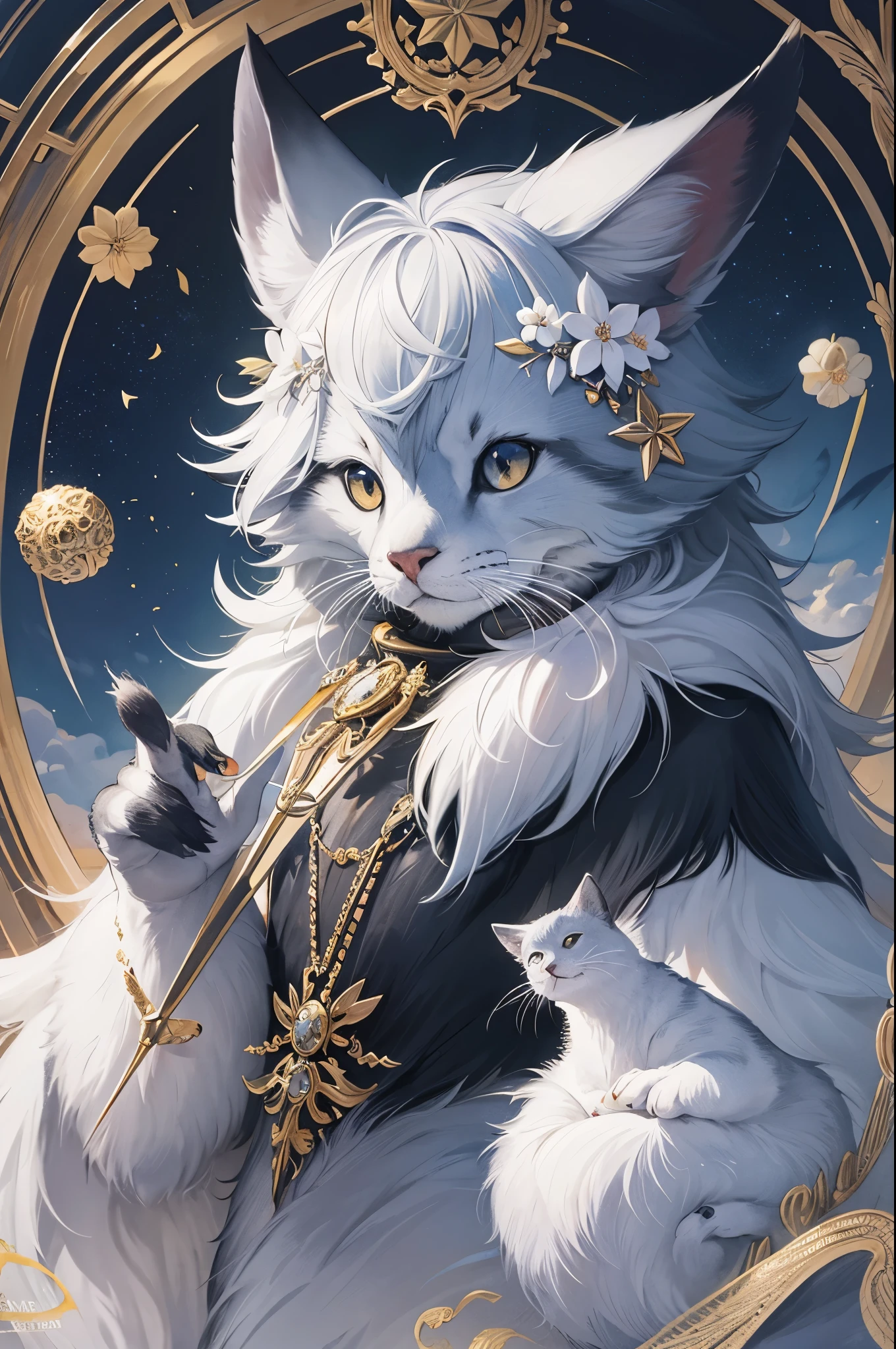 monochrome, watercolor, highres, top quality, best quality, paid reward available, High-quality illustrations, unparalleled masterpiece, perfect artwork, absurdres, 1girl, kemono, furry, detailed body fur, animal face, animal hand, Archaic Smile, holding a cluster of sky blue flower in both hands, which are positioned at chest level, She is wearing a simple ring on the ring finger of her left hand, unfocused spread of sky blue flower, fan-created work shared on platforms Pixiv or Twitter,