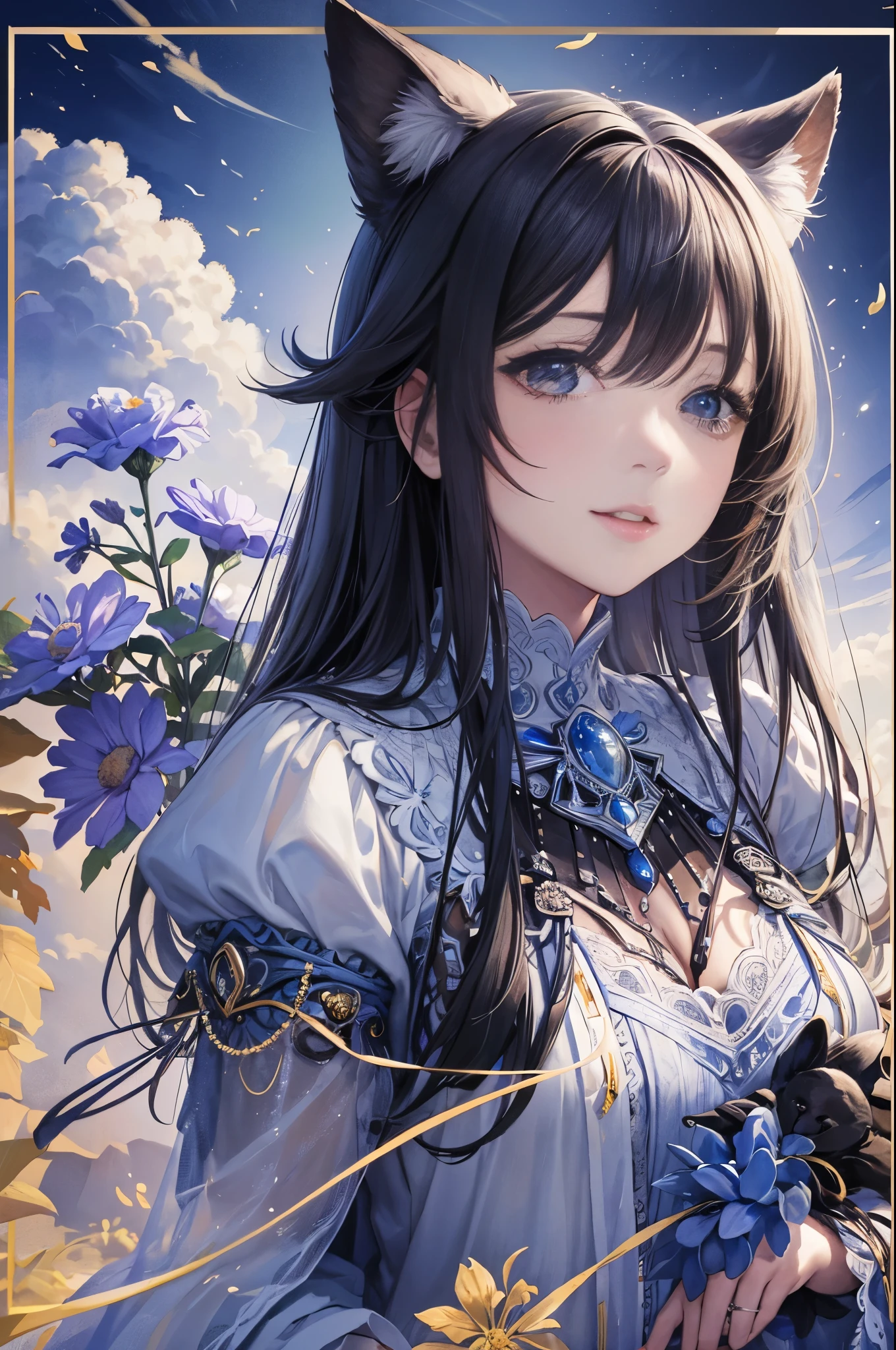 monochrome, watercolor, highres, top quality, best quality, paid reward available, High-quality illustrations, unparalleled masterpiece, perfect artwork, absurdres, 1girl, kemono, furry, detailed body fur, animal face, animal hand, Archaic Smile, holding a cluster of sky blue flower in both hands, which are positioned at chest level, She is wearing a simple ring on the ring finger of her left hand, unfocused spread of sky blue flower, fan-created work shared on platforms Pixiv or Twitter,