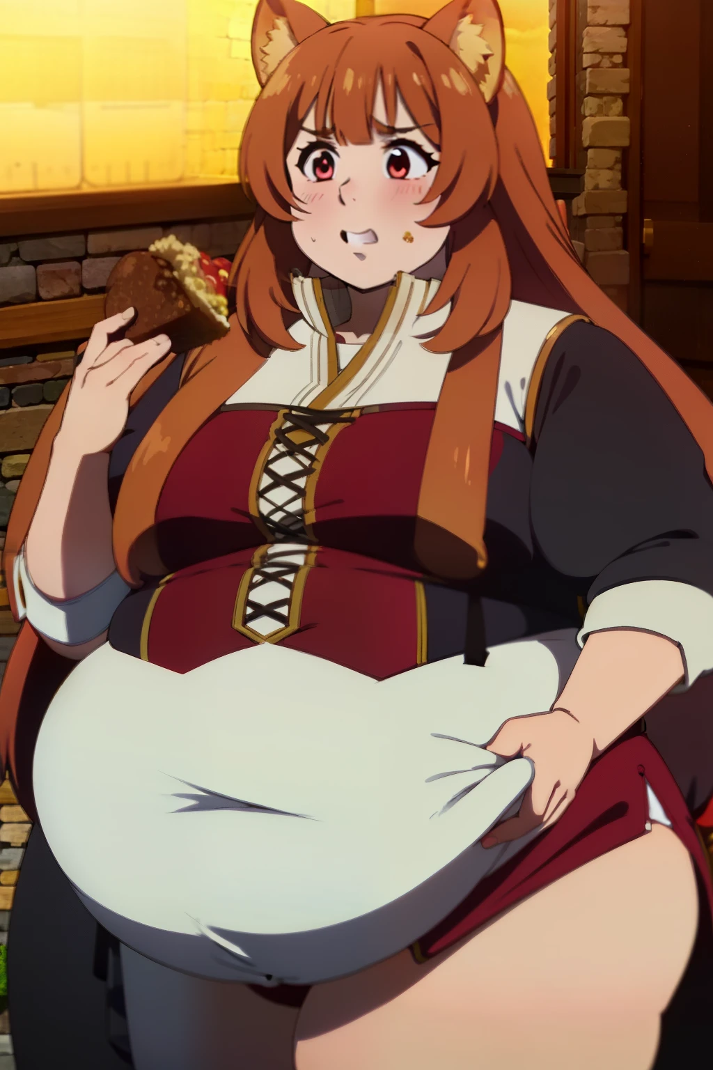 Fat Raphtalia, red suit, obese, round, rotund, stealing food, evil, stuffed raccoon