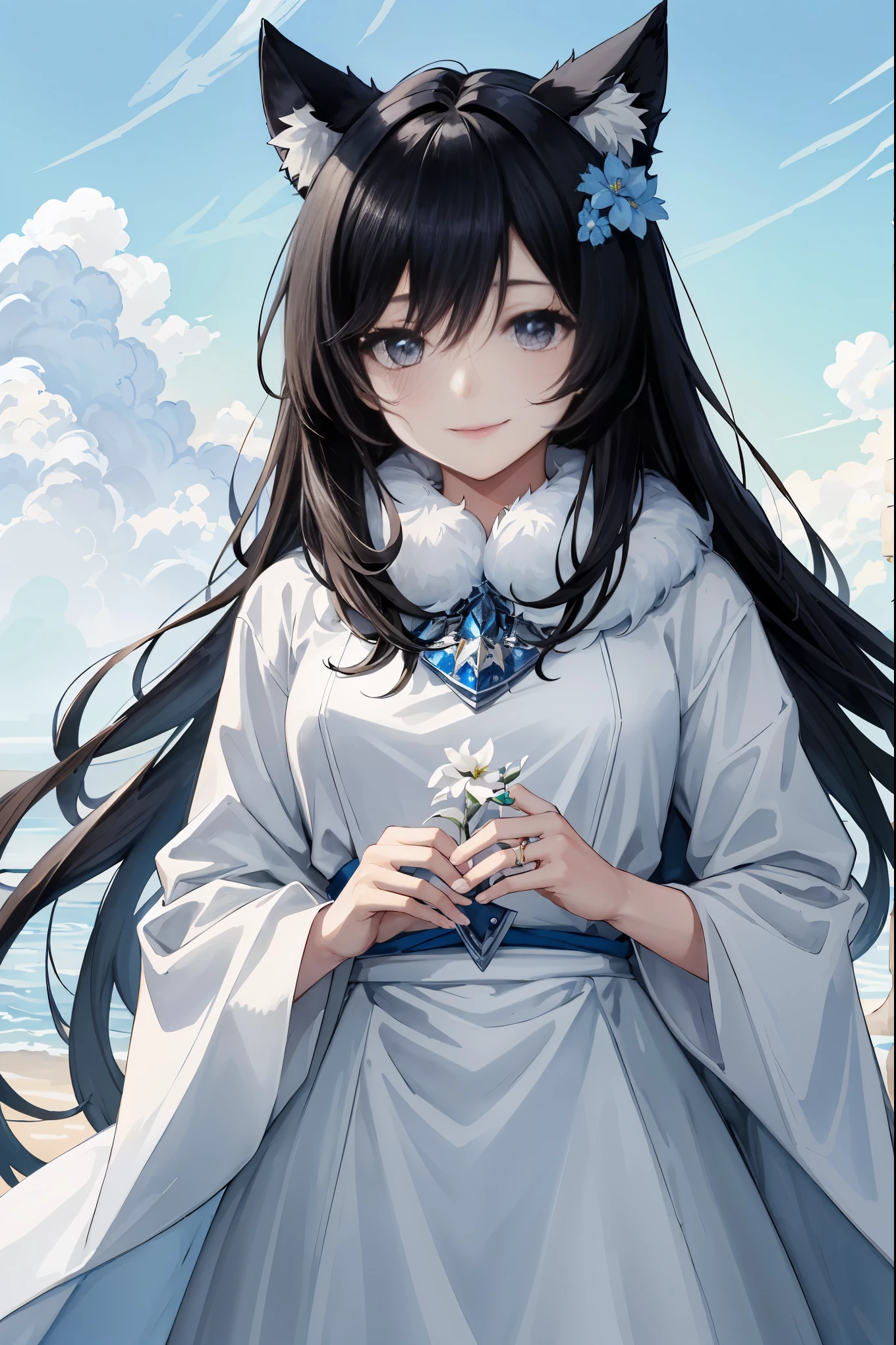 monochrome, watercolor, highres, top quality, best quality, paid reward available, High-quality illustrations, unparalleled masterpiece, perfect artwork, absurdres, 1girl, kemono, furry, detailed body fur, animal face, animal hand, Archaic Smile, holding a cluster of sky blue flower in both hands, which are positioned at chest level, She is wearing a simple ring on the ring finger of her left hand, unfocused spread of sky blue flower, fan-created work shared on platforms Pixiv or Twitter,