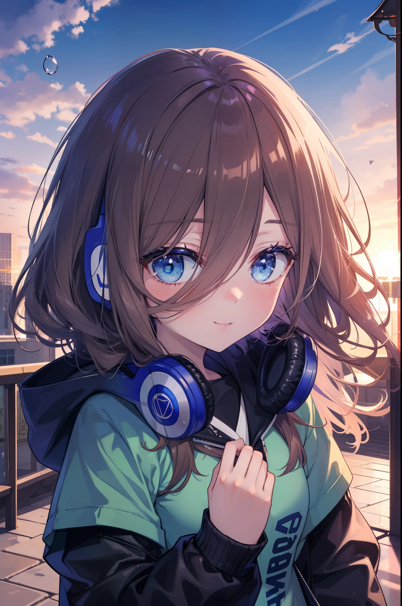 miku nakano, Nakano Miku Ticket III, long hair, bangs, blue eyes, brown hair, hair between eyes, blush,smile,Headphones around the neck1:1,blue hoodie,wearing a hood,long skirt,gray pantyhose,short boots,I put my hand in my hoodie pocket.,sunrise,morning,morning日,blow bubble gum, ピンクの風船ガム
break outdoors, city,building street,
break looking at viewer, (cowboy shot:1.5),
break (masterpiece:1.2), highest quality, High resolution, unity 8k wallpaper, (shape:0.8), (fine and beautiful eyes:1.6), highly detailed face, perfect lighting, Very detailed CG, (perfect hands, perfect anatomy),