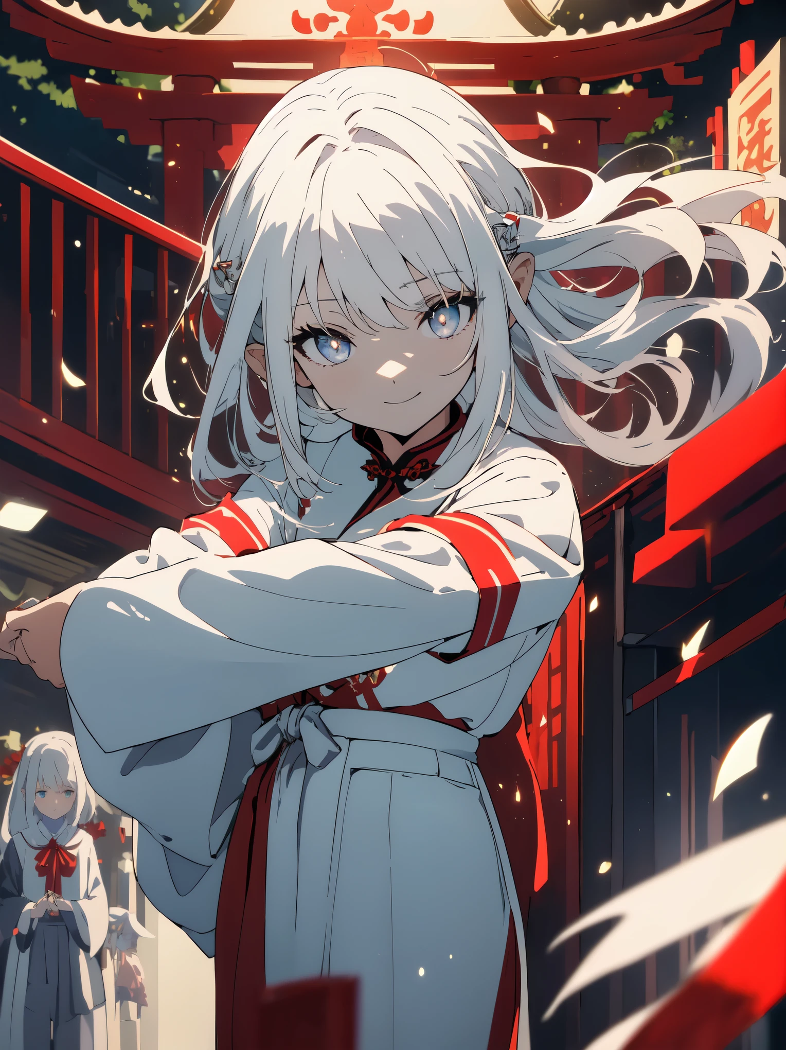 ((highest quality、masterpiece、shining eyes、detailed))、1 girl、beautiful face、short、、(White beast ears、long white hair)、(trousers style red cheongsam)、smile、Shrine precincts、Play tag with elementary school students、anime style