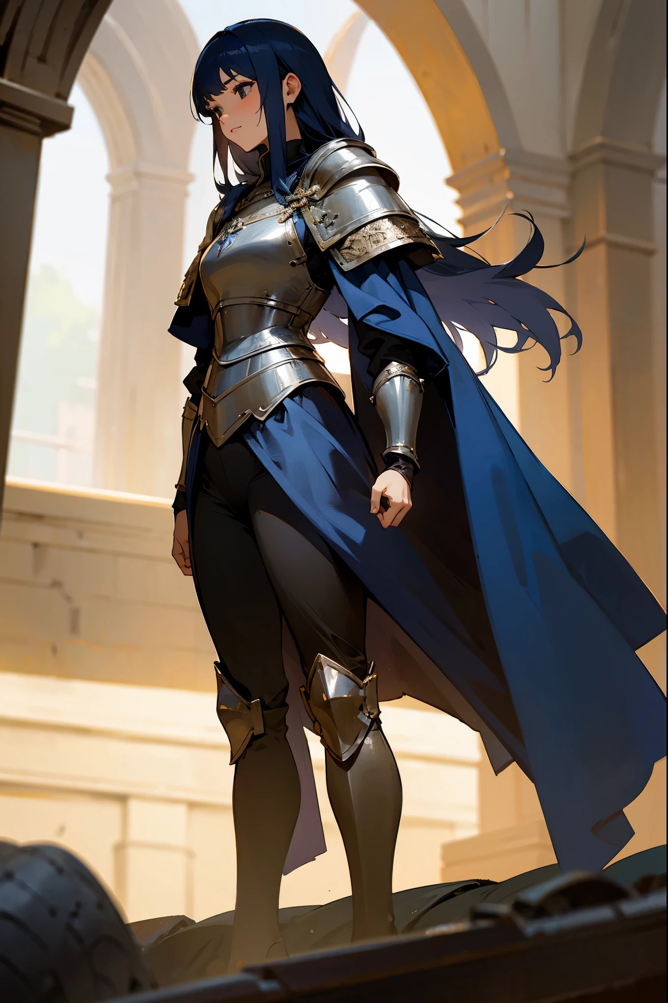 1female, adult, dark blue hair, black eyes, light armor, old medieval clothing, light medieval armor, guild hall background, detailed background, standing on path