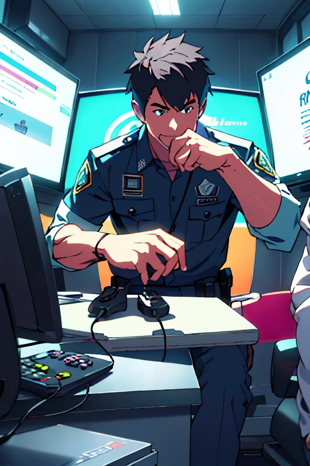 quero uma imagem ontem tenha dois amigos felizes, cada um levantando um controle de video game e no meio um controle grande